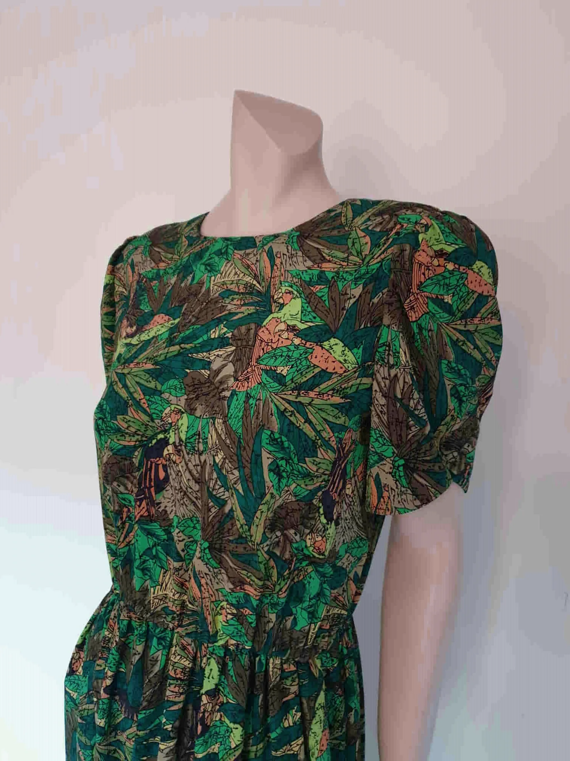 1980s Green Leaf Print Dress - M