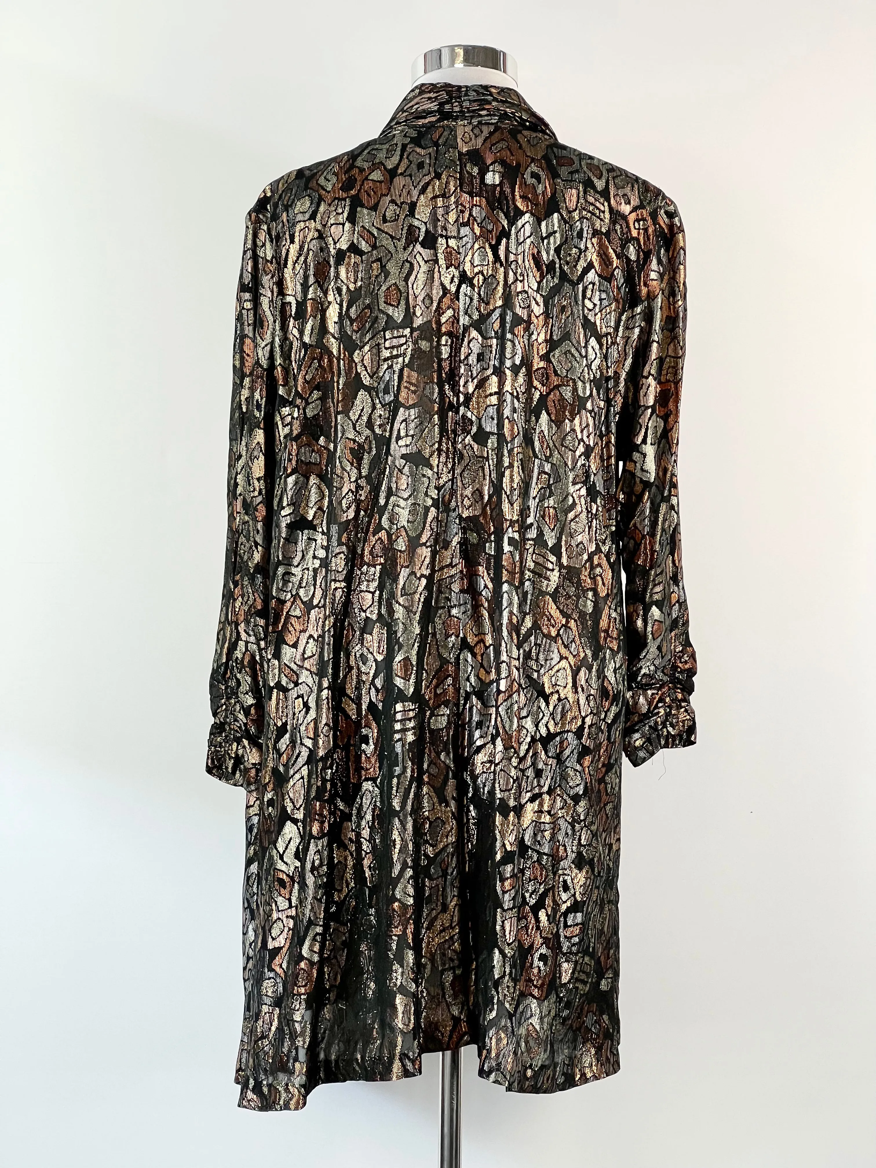 80s Black   Lamé Patterned Belted Coat - AU10