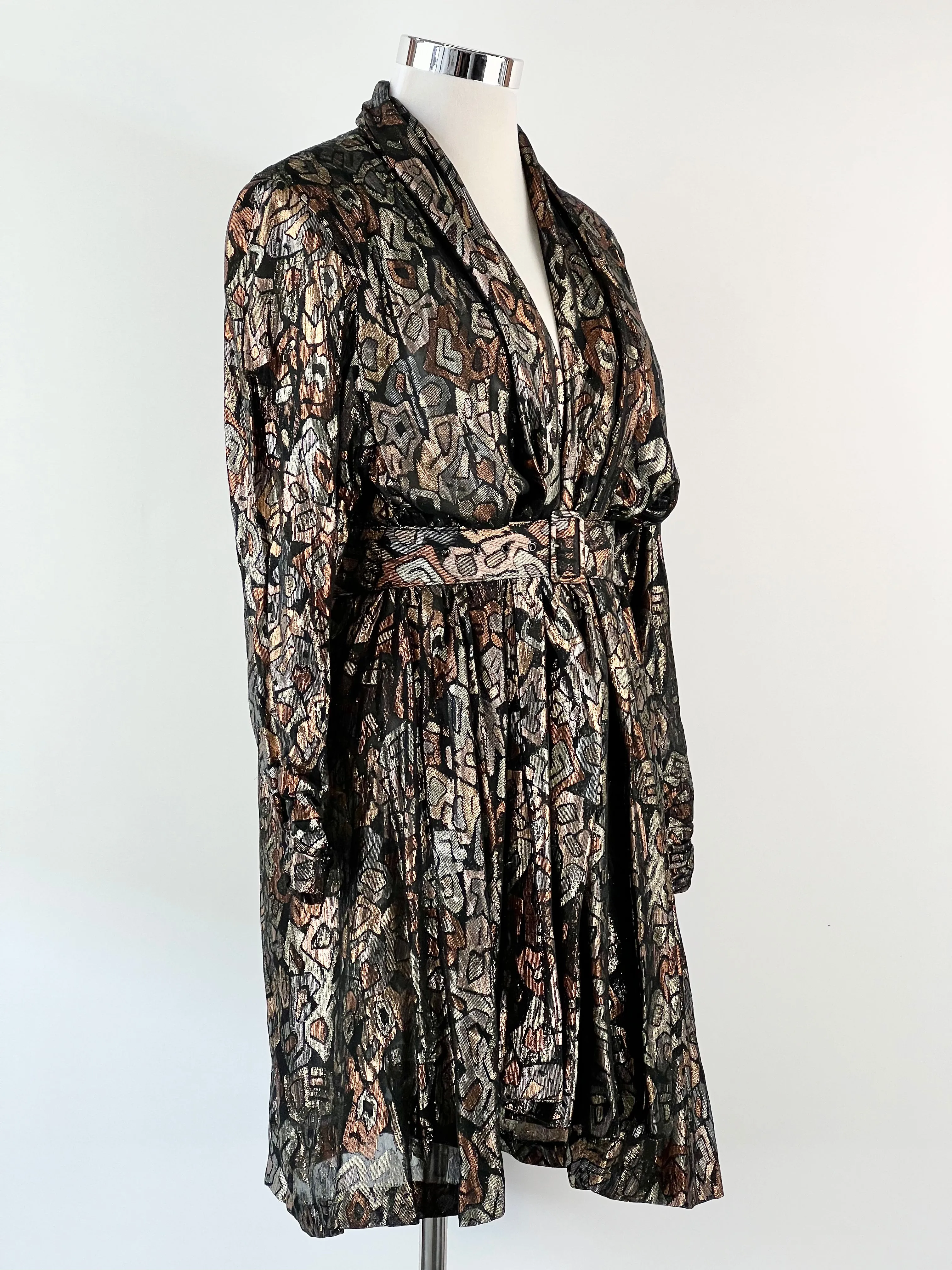 80s Black   Lamé Patterned Belted Coat - AU10