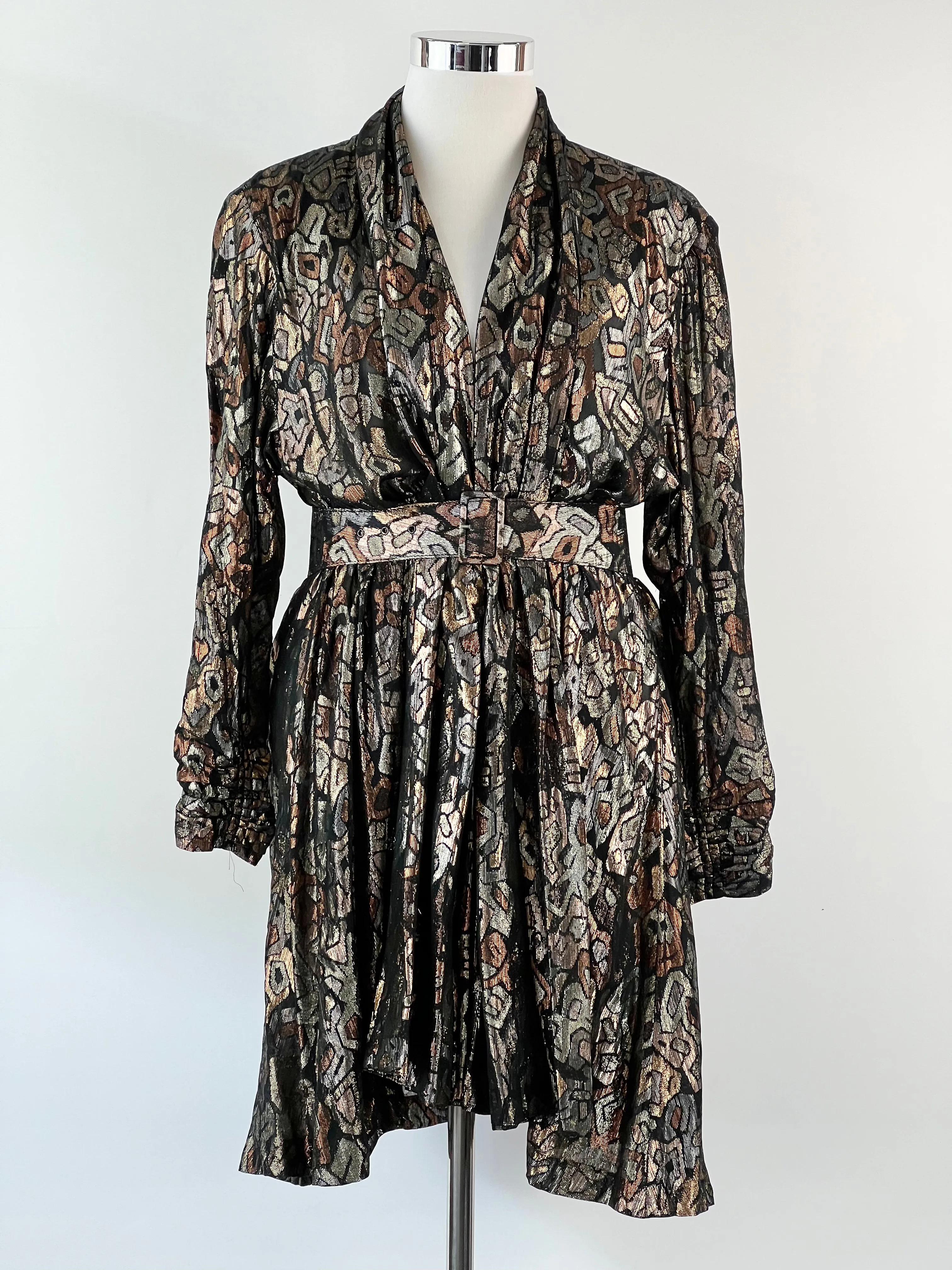 80s Black   Lamé Patterned Belted Coat - AU10