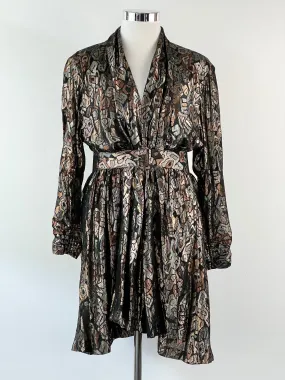 80s Black   Lamé Patterned Belted Coat - AU10