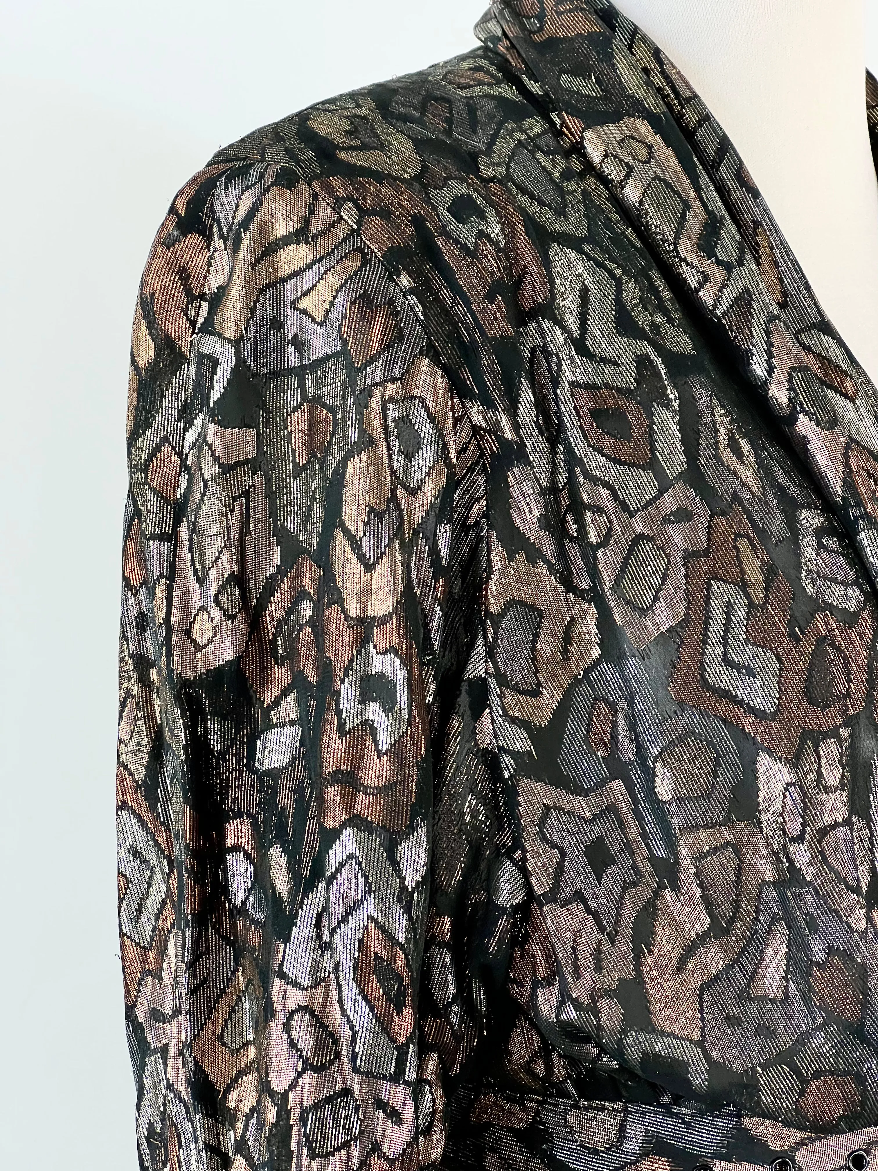 80s Black   Lamé Patterned Belted Coat - AU10