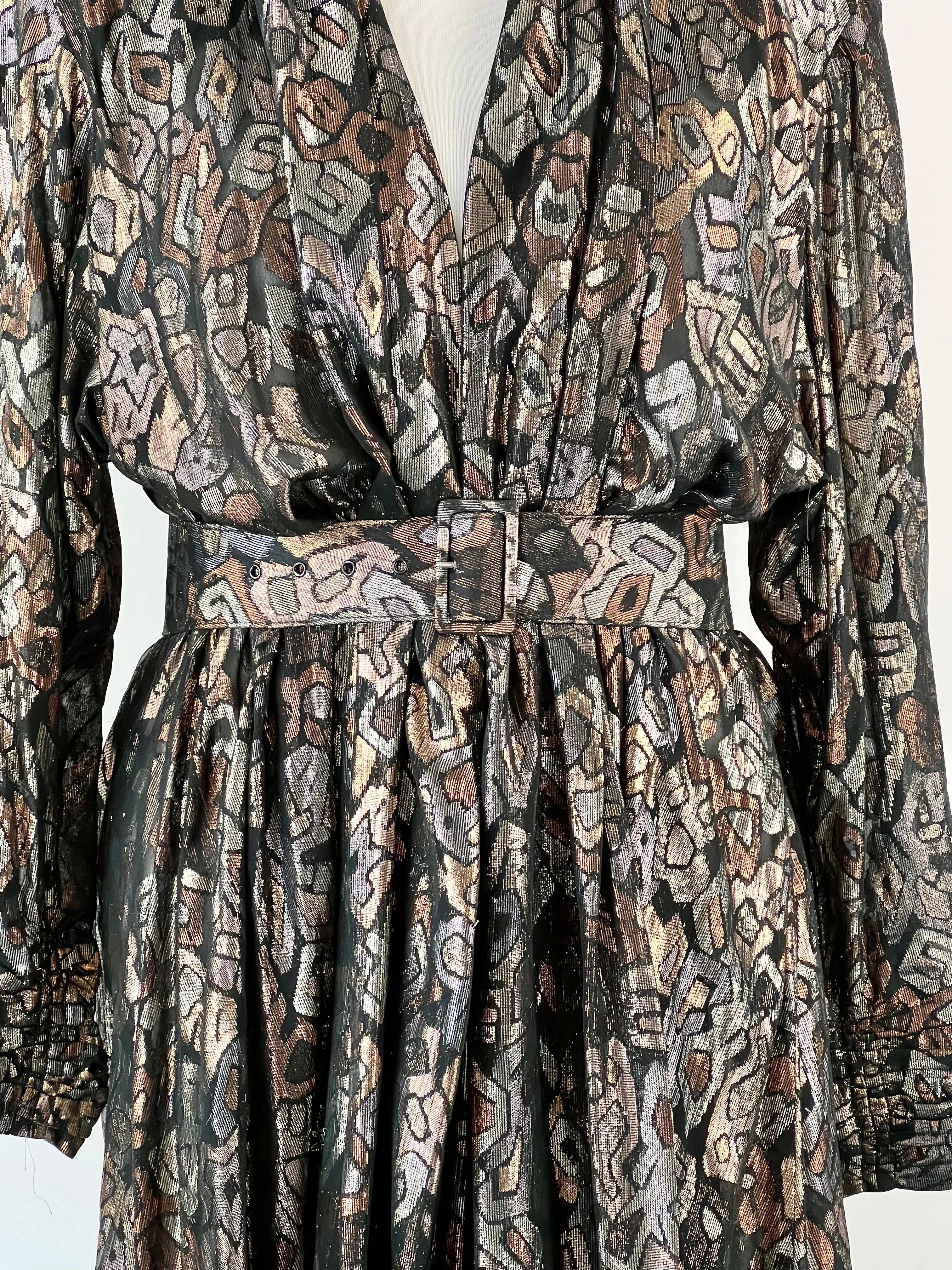 80s Black   Lamé Patterned Belted Coat - AU10