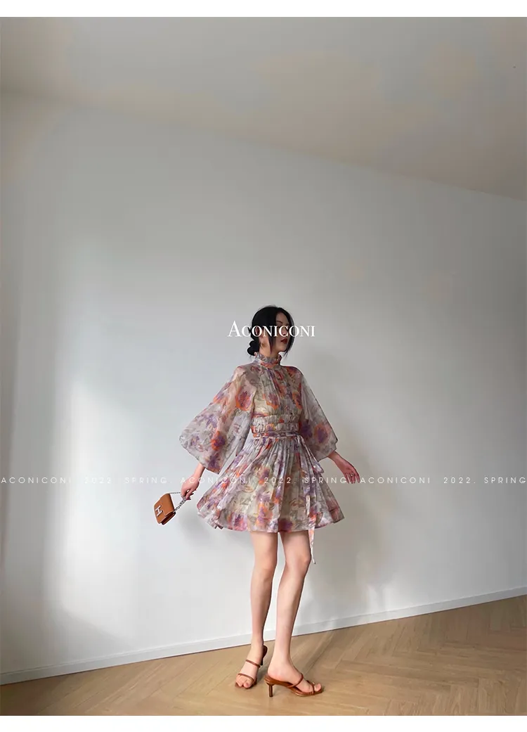 Aconiconi｜retro French print lantern sleeve short summer dress - Hanashima