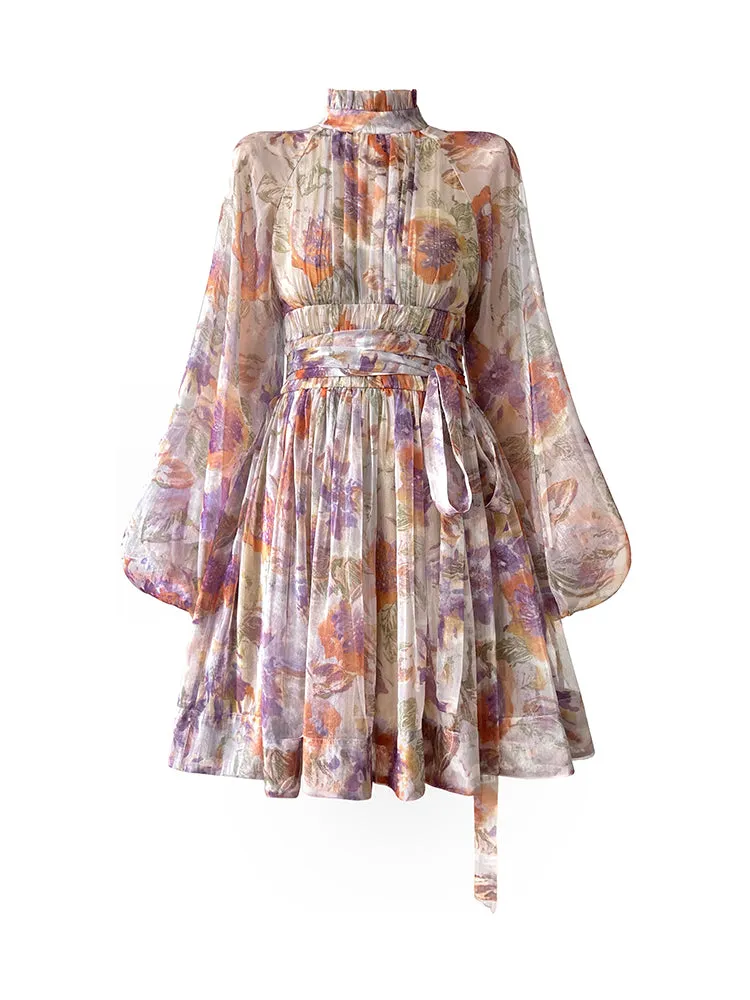 Aconiconi｜retro French print lantern sleeve short summer dress - Hanashima