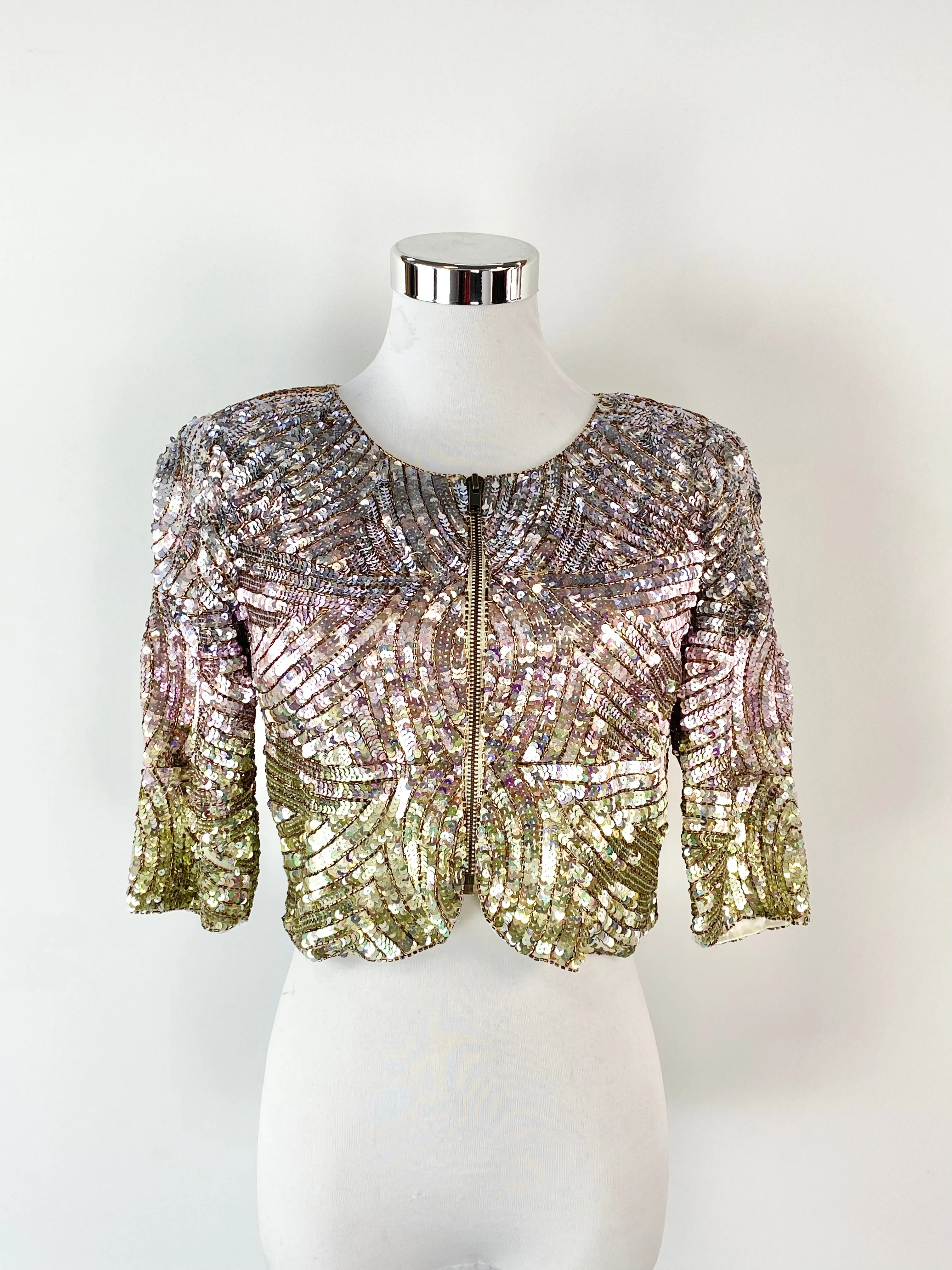 Bariano Green & Pink Sequinned Crop Jacket - AU8/10