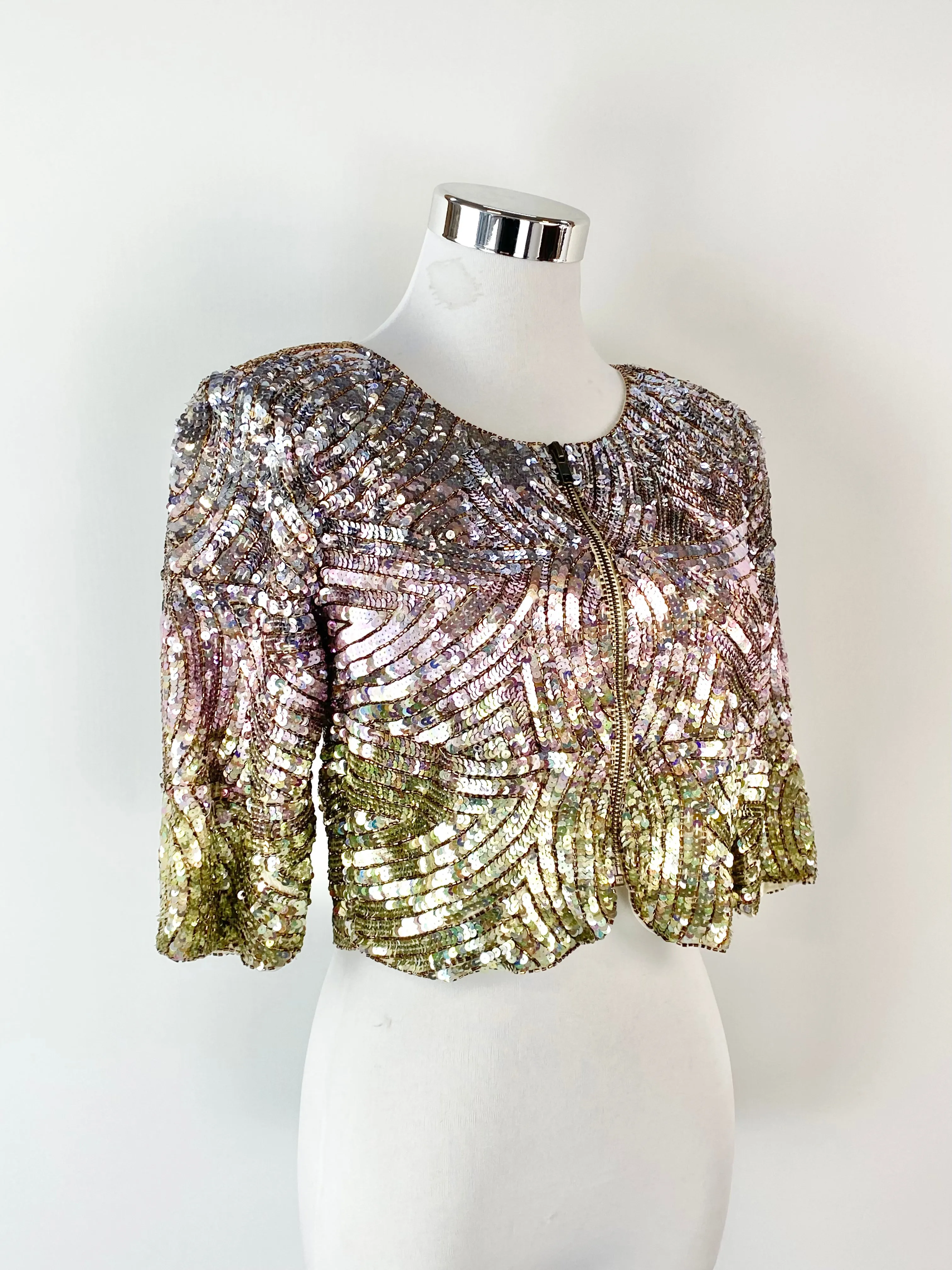 Bariano Green & Pink Sequinned Crop Jacket - AU8/10