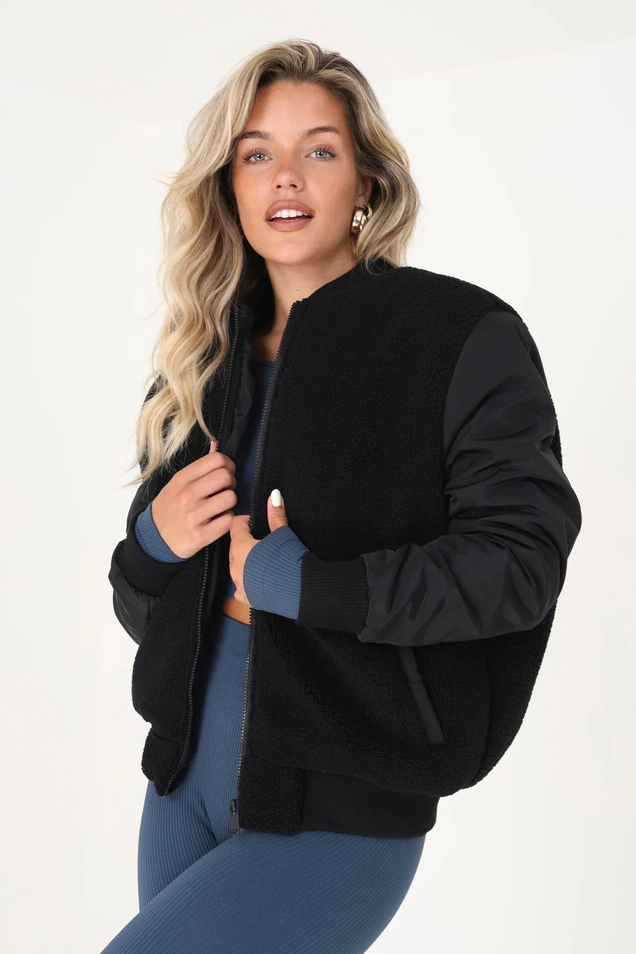 BLACK BORG BODY BOMBER JACKET WITH FABRIC SLEEVES