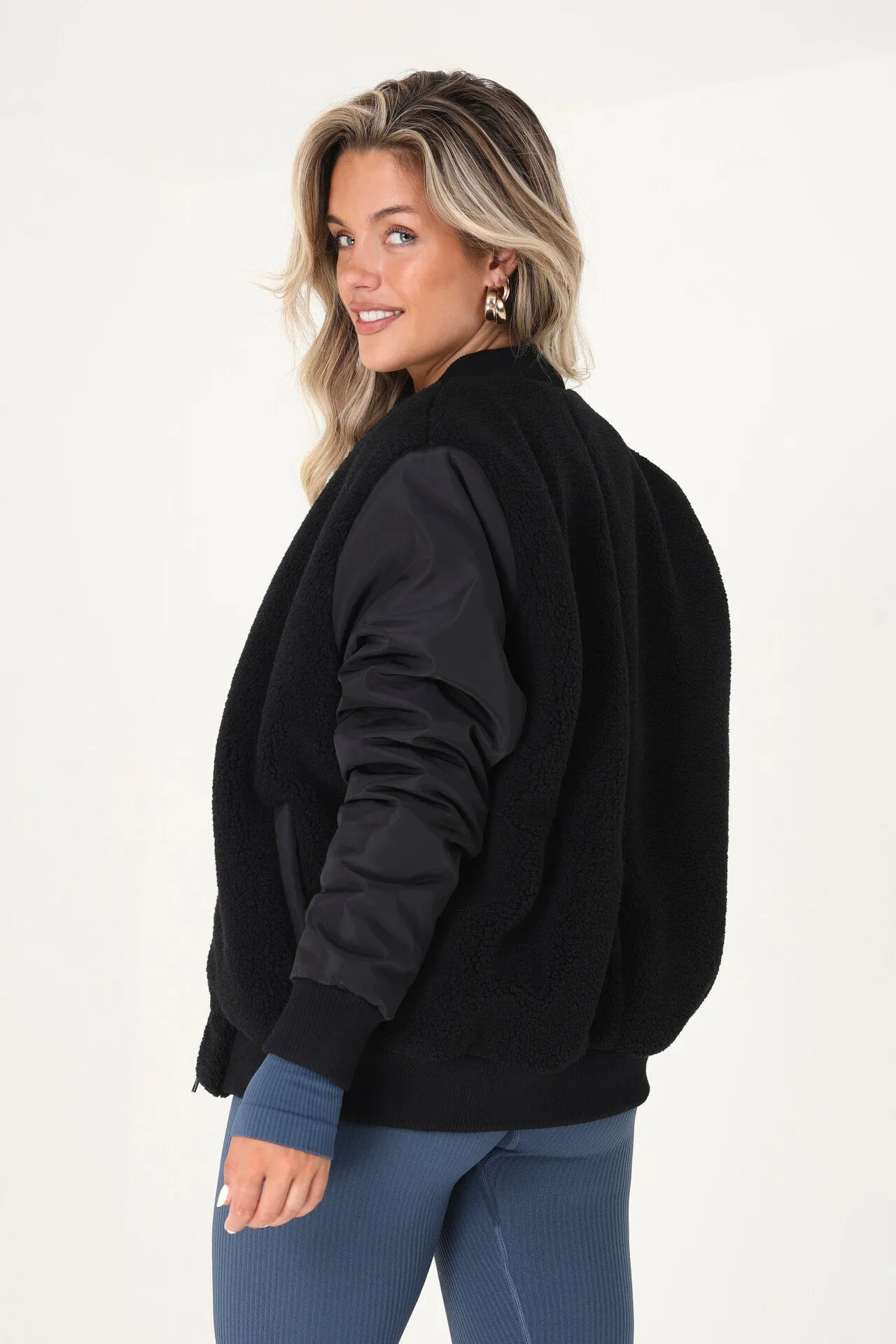 BLACK BORG BODY BOMBER JACKET WITH FABRIC SLEEVES