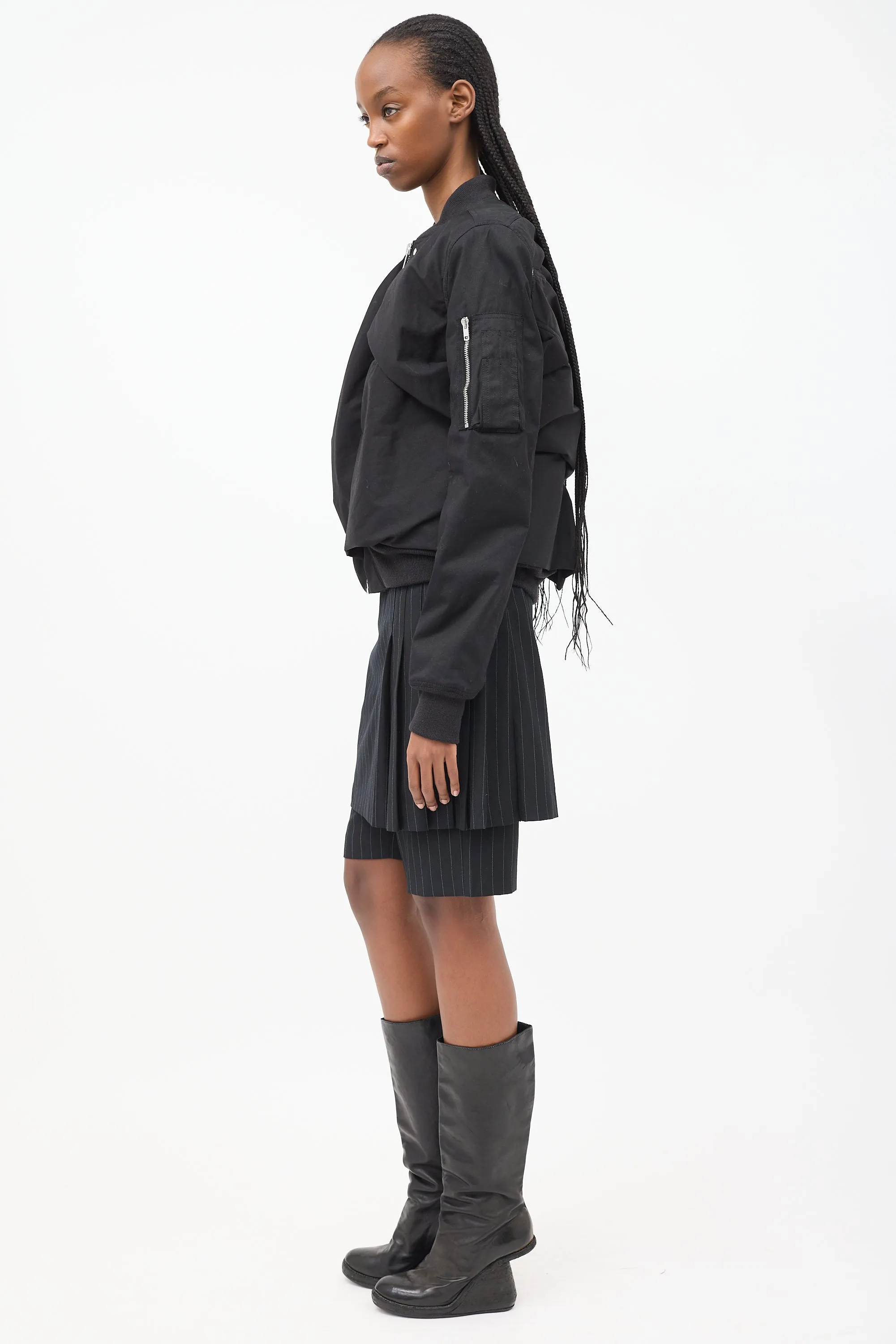 Black Cotton Draped Panel Bomber Jacket