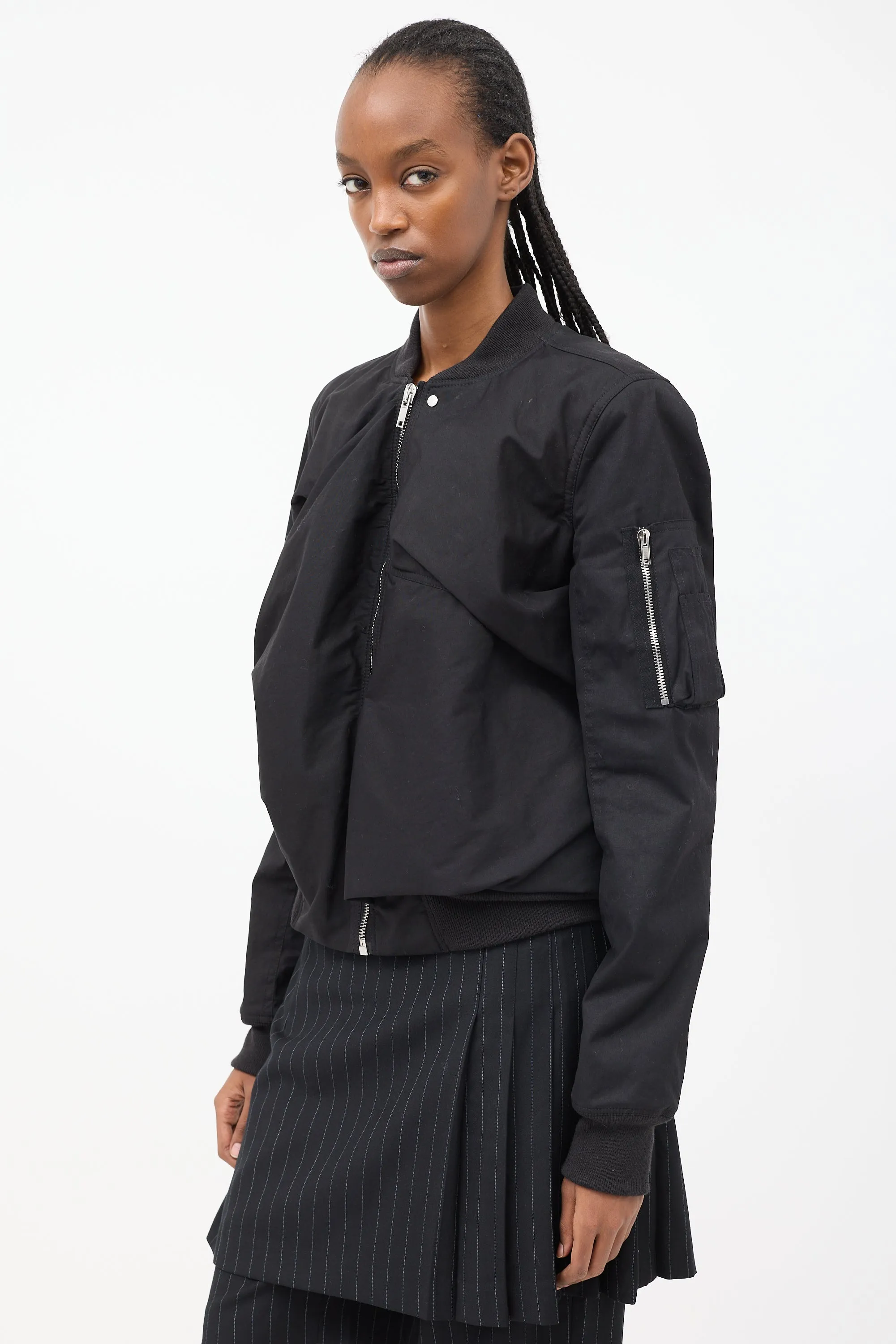 Black Cotton Draped Panel Bomber Jacket