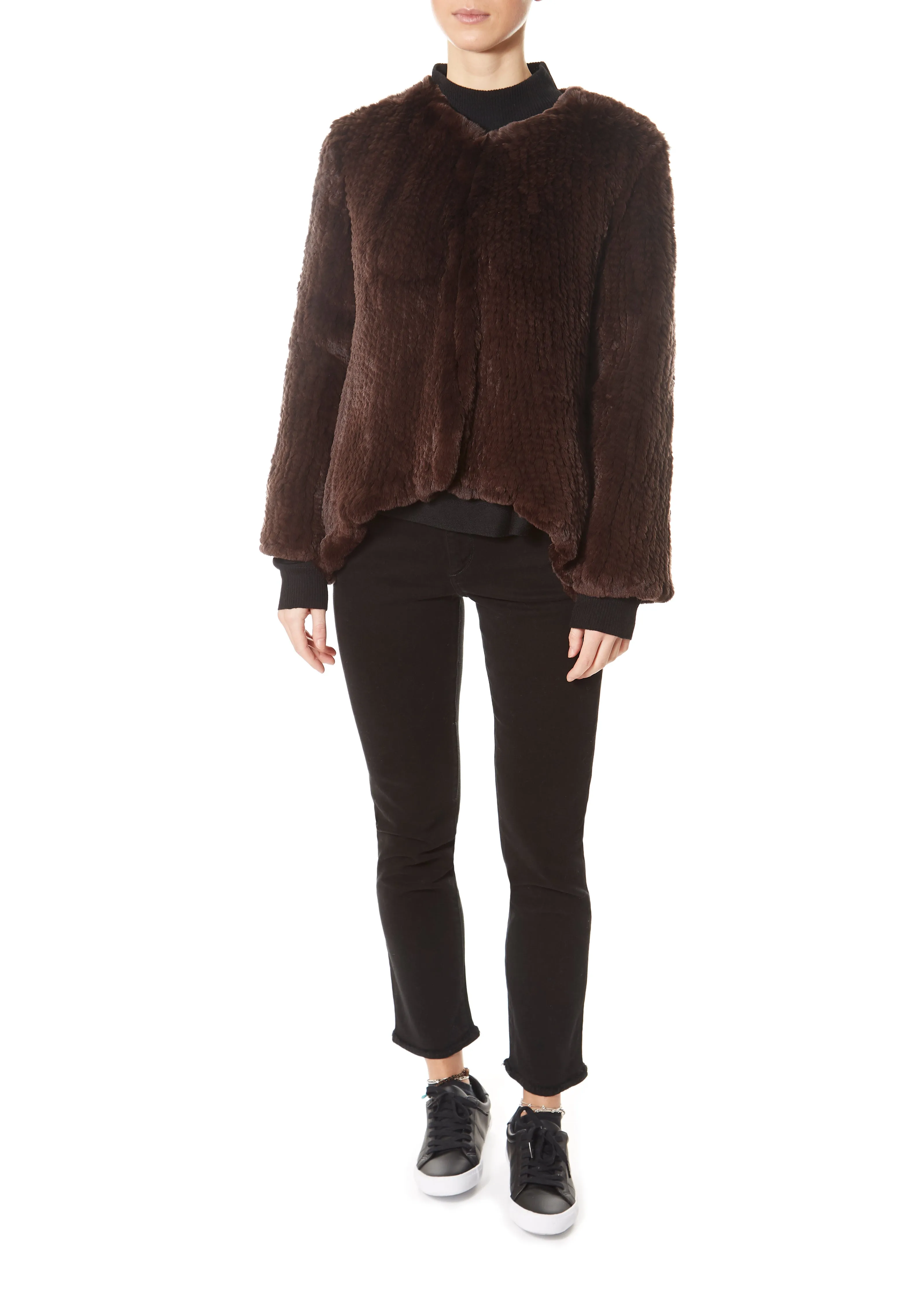 Brown Asymmetric Knitted Rex Rabbit Jacket