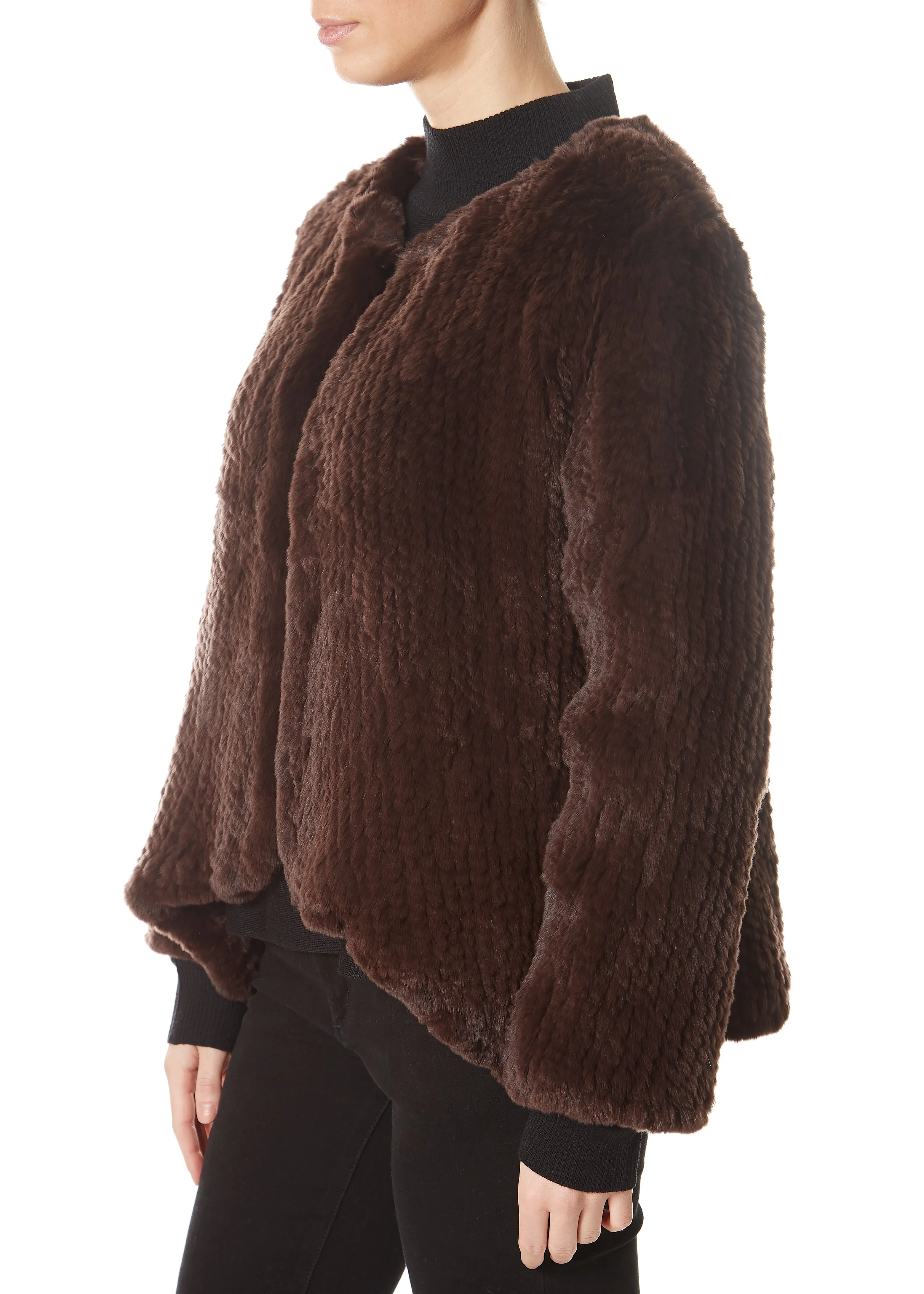 Brown Asymmetric Knitted Rex Rabbit Jacket