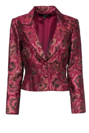 Carmen Marc Valvo - Raspberry Pink Beaded Floral Cropped Jacket Sz 10