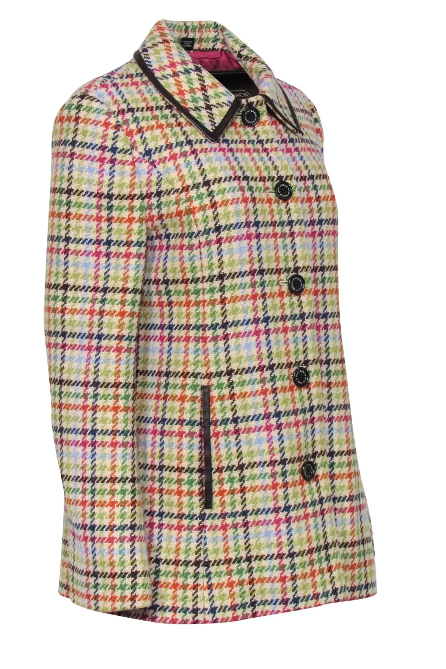 Coach - Beige & Multicolor Houndstooth Wool Peacoat w/ Faux Leather Trim Sz M