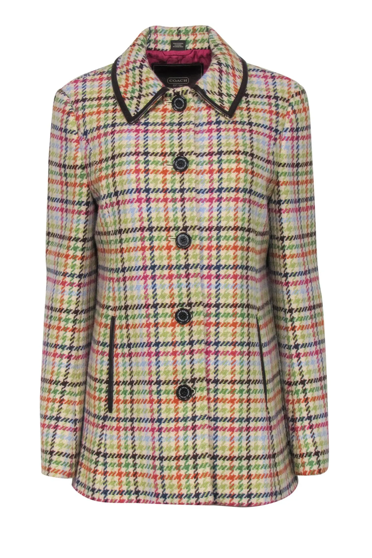 Coach - Beige & Multicolor Houndstooth Wool Peacoat w/ Faux Leather Trim Sz M