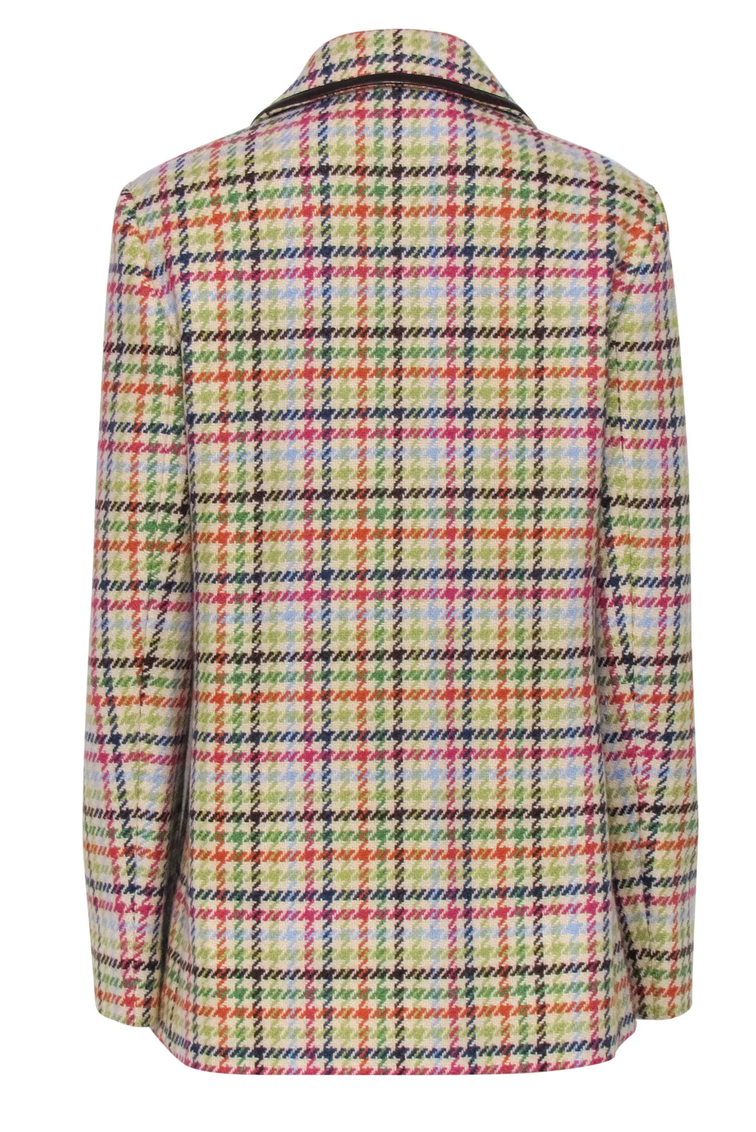 Coach - Beige & Multicolor Houndstooth Wool Peacoat w/ Faux Leather Trim Sz M