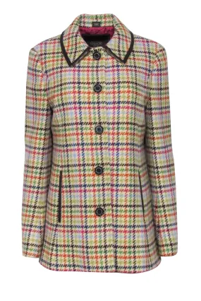 Coach - Beige & Multicolor Houndstooth Wool Peacoat w/ Faux Leather Trim Sz M