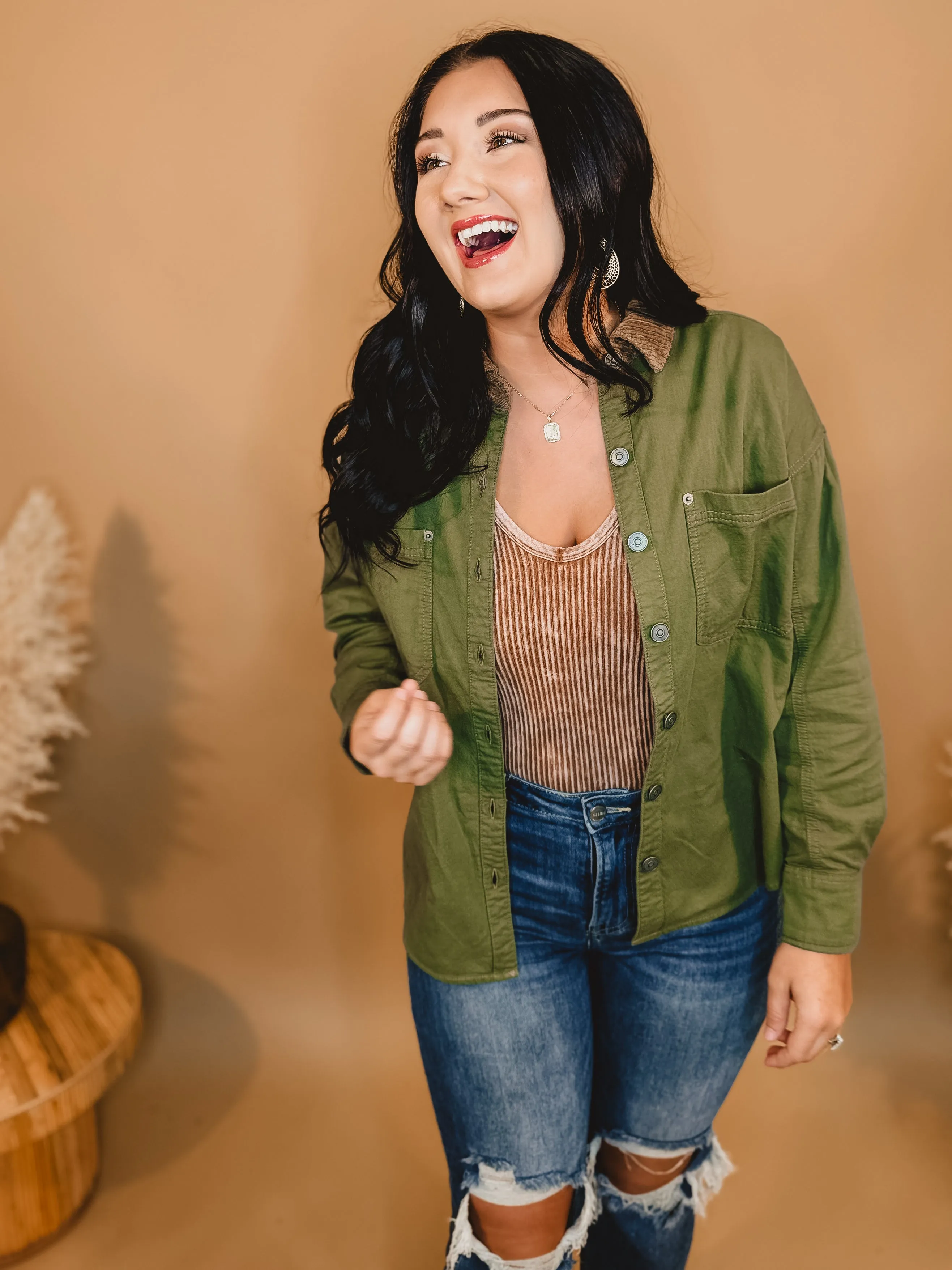 Corduroy Collar Button Down Jacket - Olive
