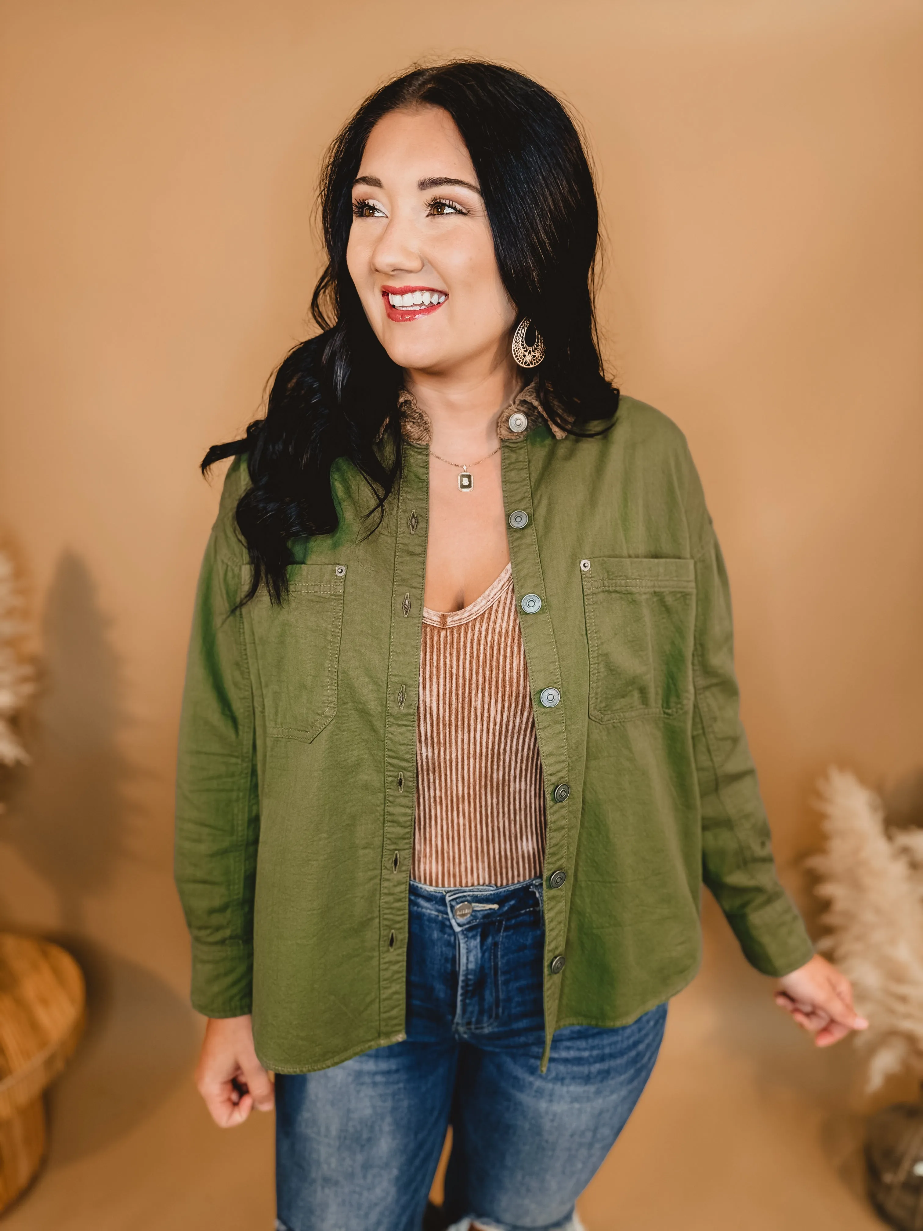 Corduroy Collar Button Down Jacket - Olive