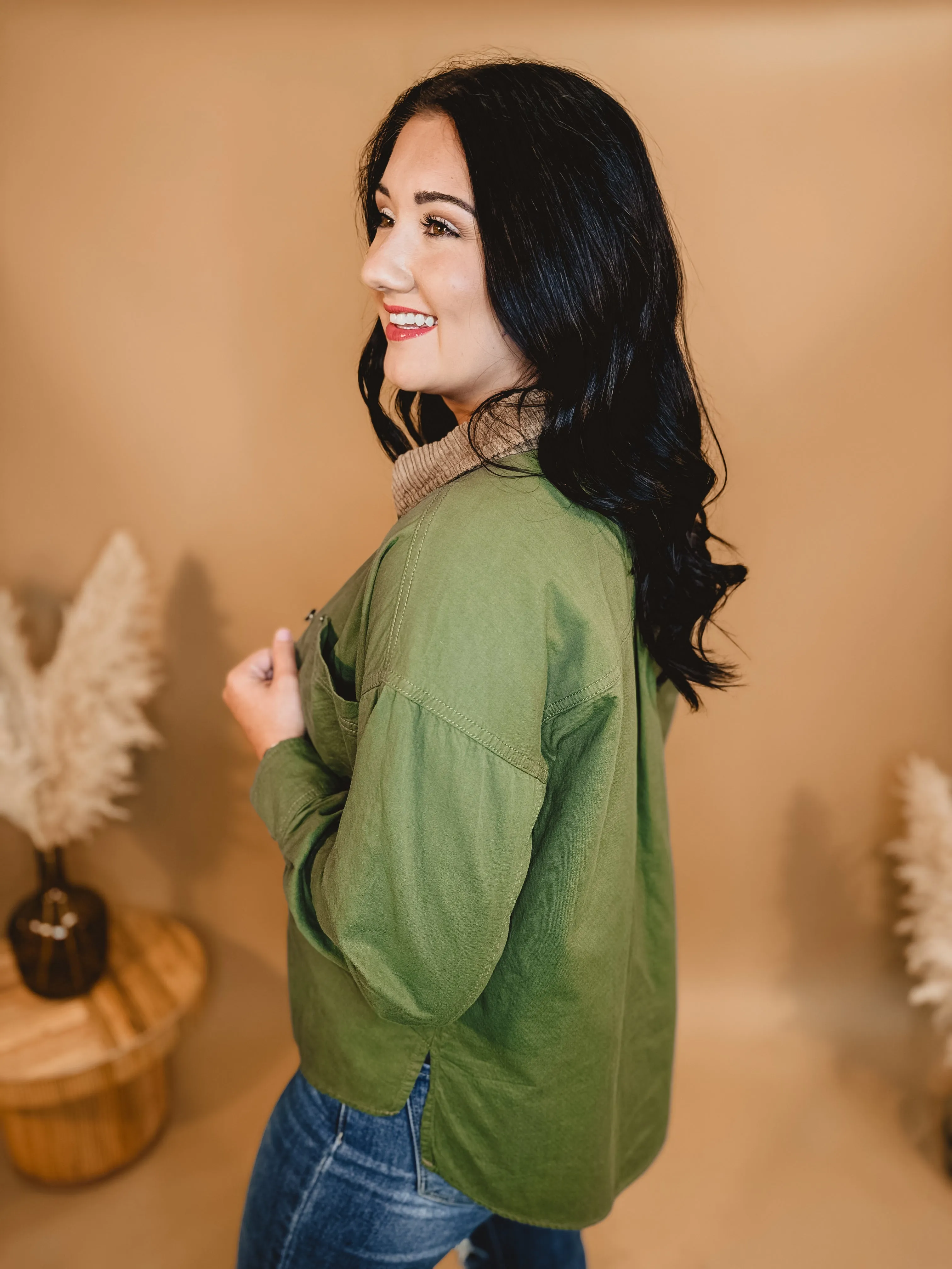 Corduroy Collar Button Down Jacket - Olive