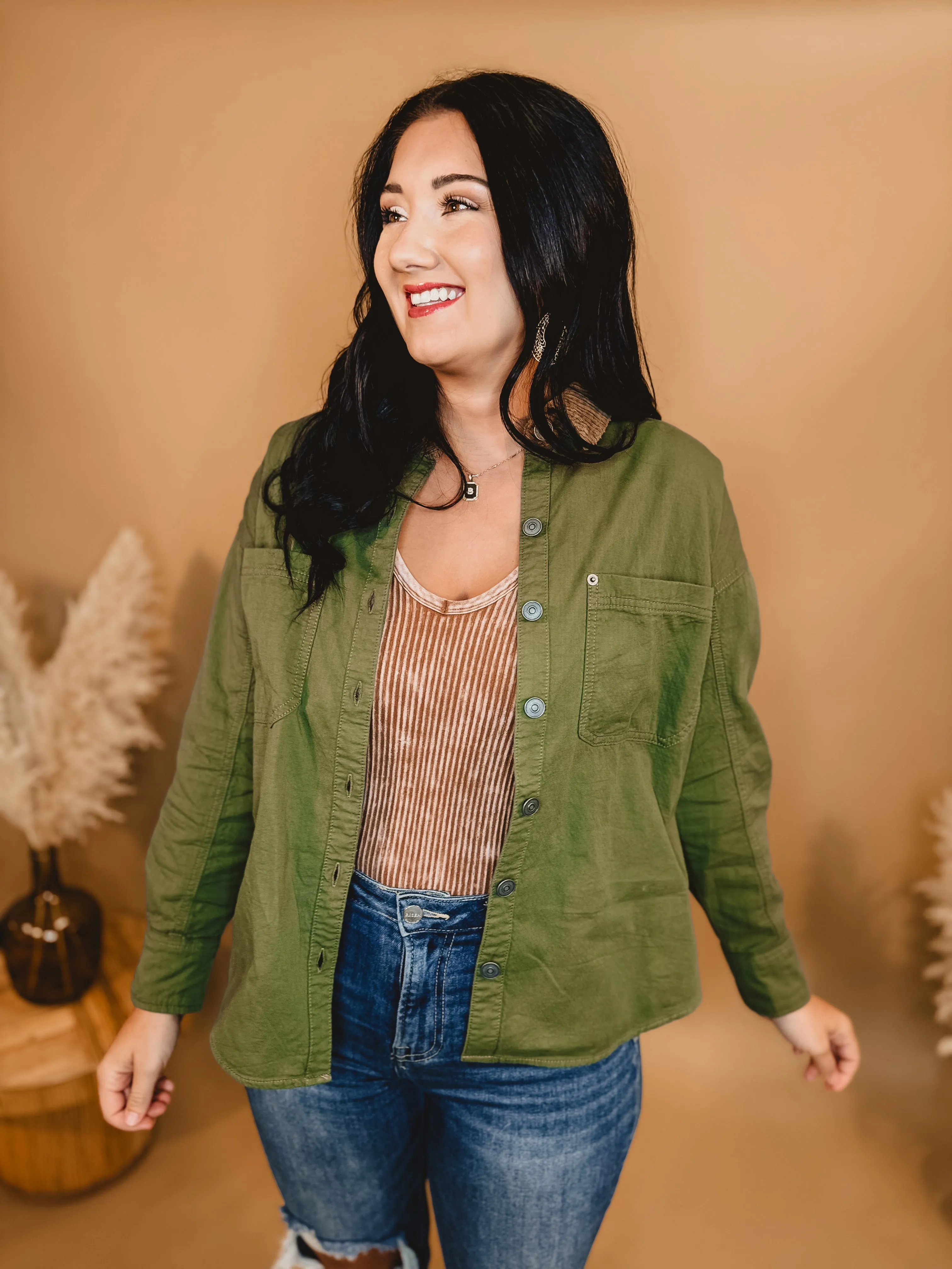 Corduroy Collar Button Down Jacket - Olive