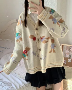 Cute Bear Cream & Navy Blue Color Knitted Cardigan Cozy Girl