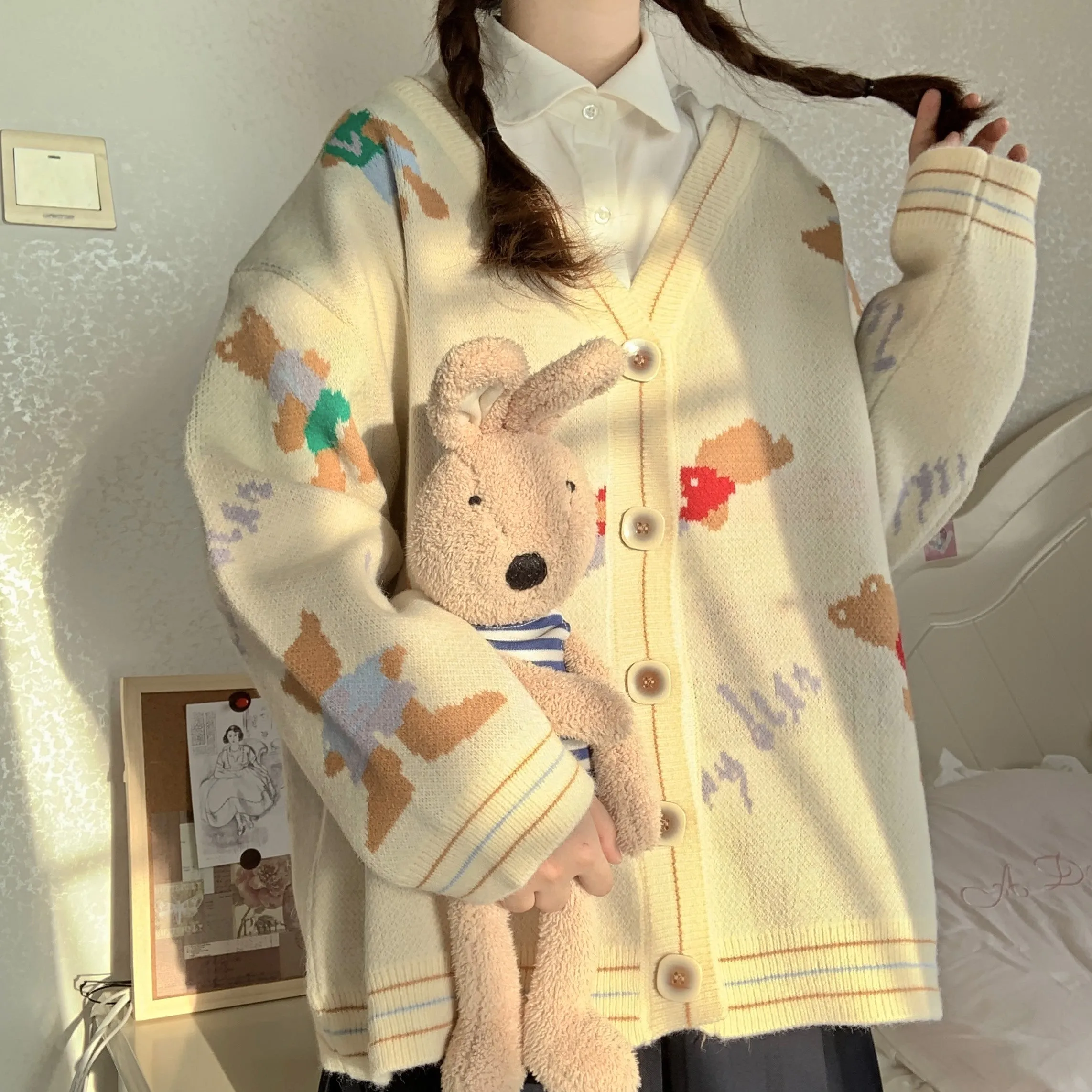 Cute Bear Cream & Navy Blue Color Knitted Cardigan Cozy Girl
