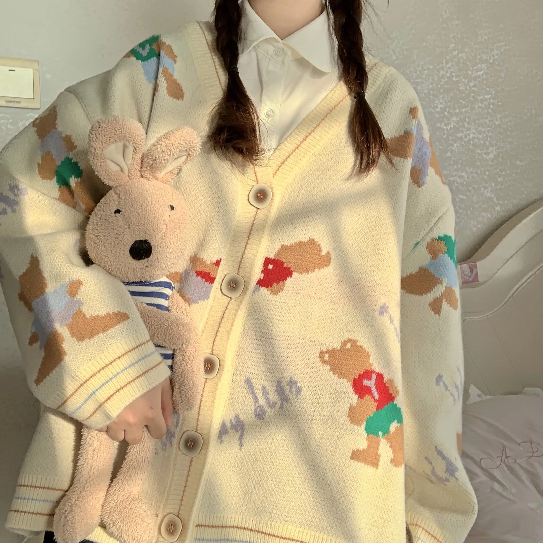 Cute Bear Cream & Navy Blue Color Knitted Cardigan Cozy Girl