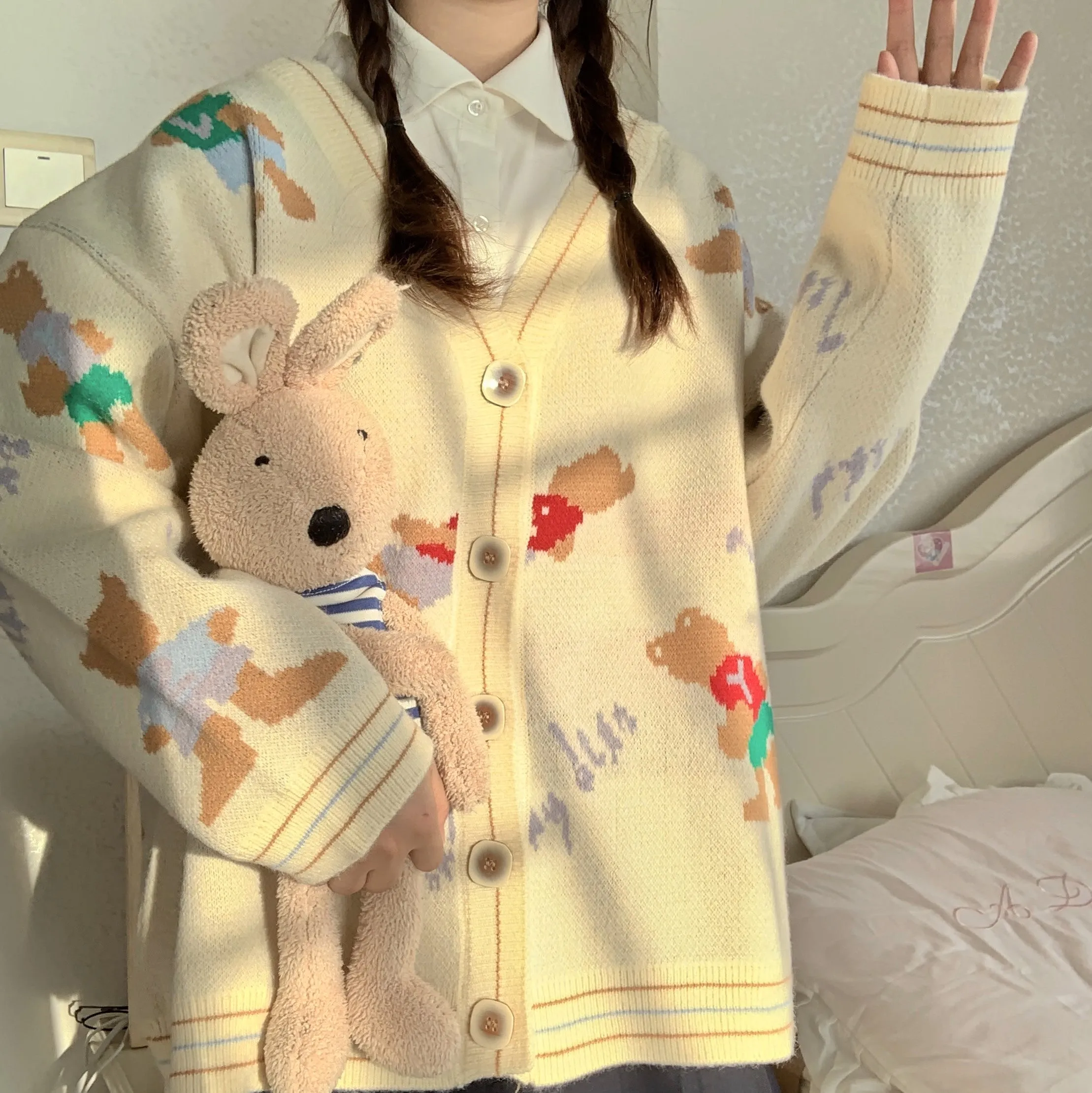 Cute Bear Cream & Navy Blue Color Knitted Cardigan Cozy Girl