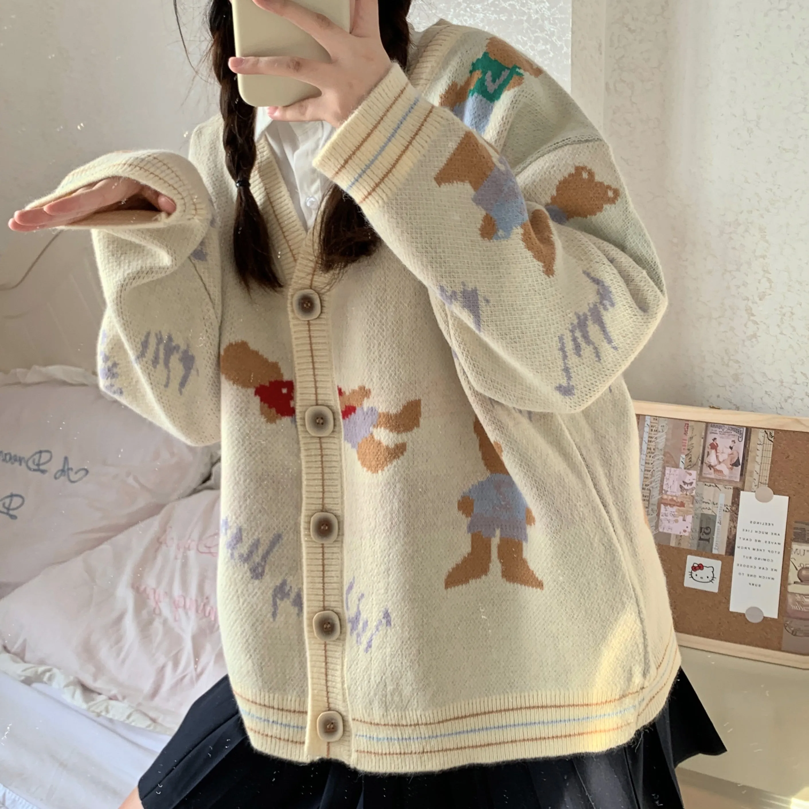 Cute Bear Cream & Navy Blue Color Knitted Cardigan Cozy Girl