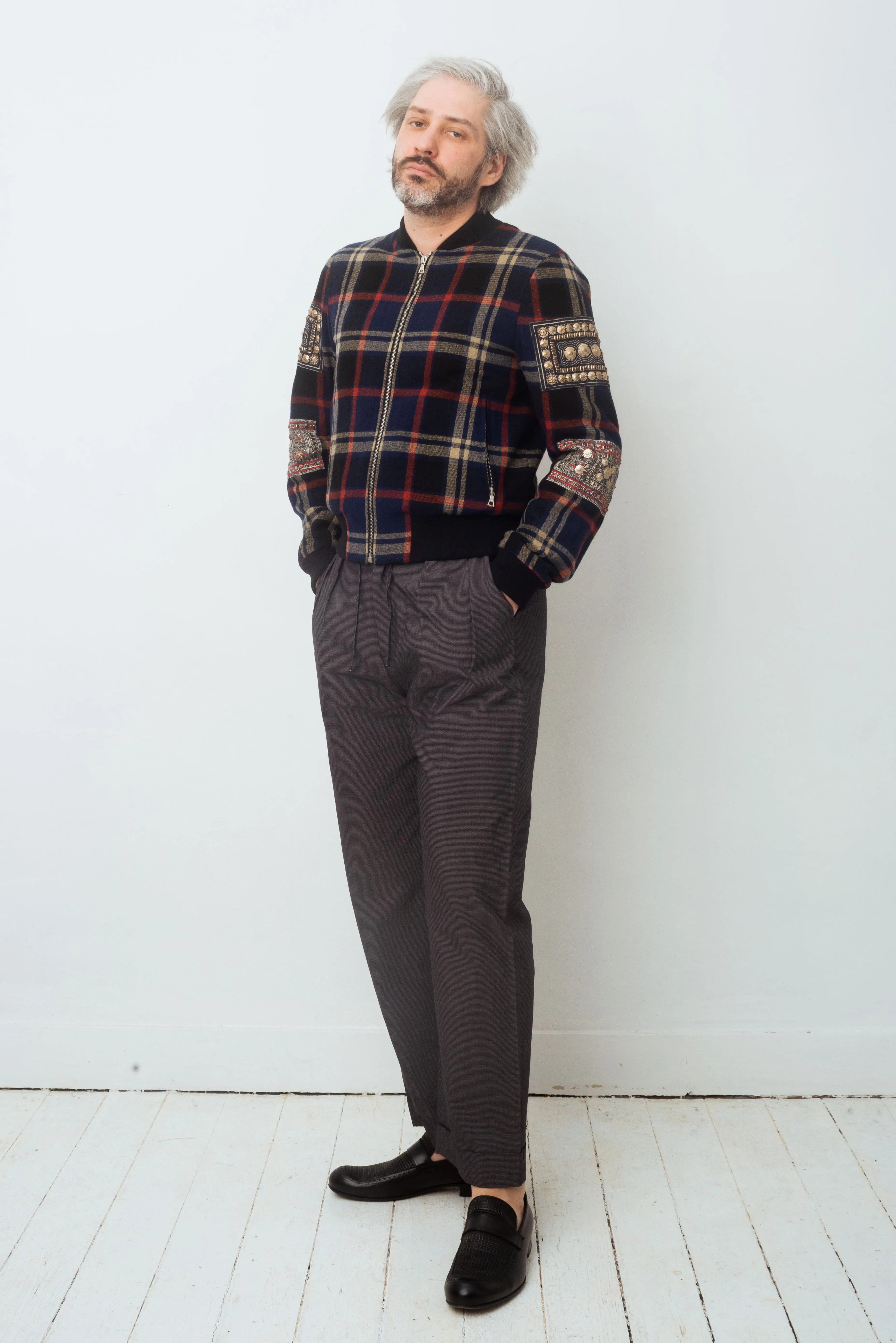 Dries van Noten FW 2015 reversible tartan wool bomber jacket with golden ornaments