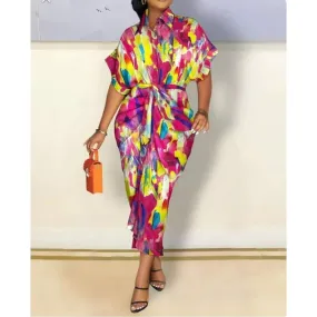 Elegant Slim Fit Short Sleeves Collared Calf Length Maxi Dress with Belt and Pockets