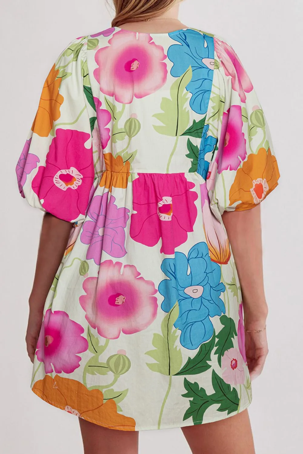 Floral Tie Neck Half Sleeve Mini Dress