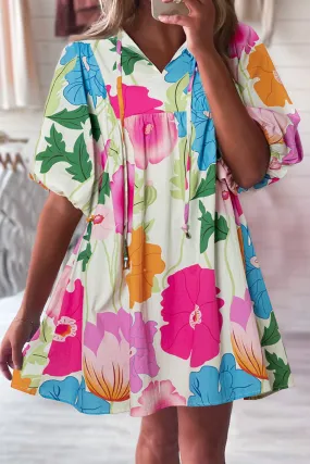 Floral Tie Neck Half Sleeve Mini Dress