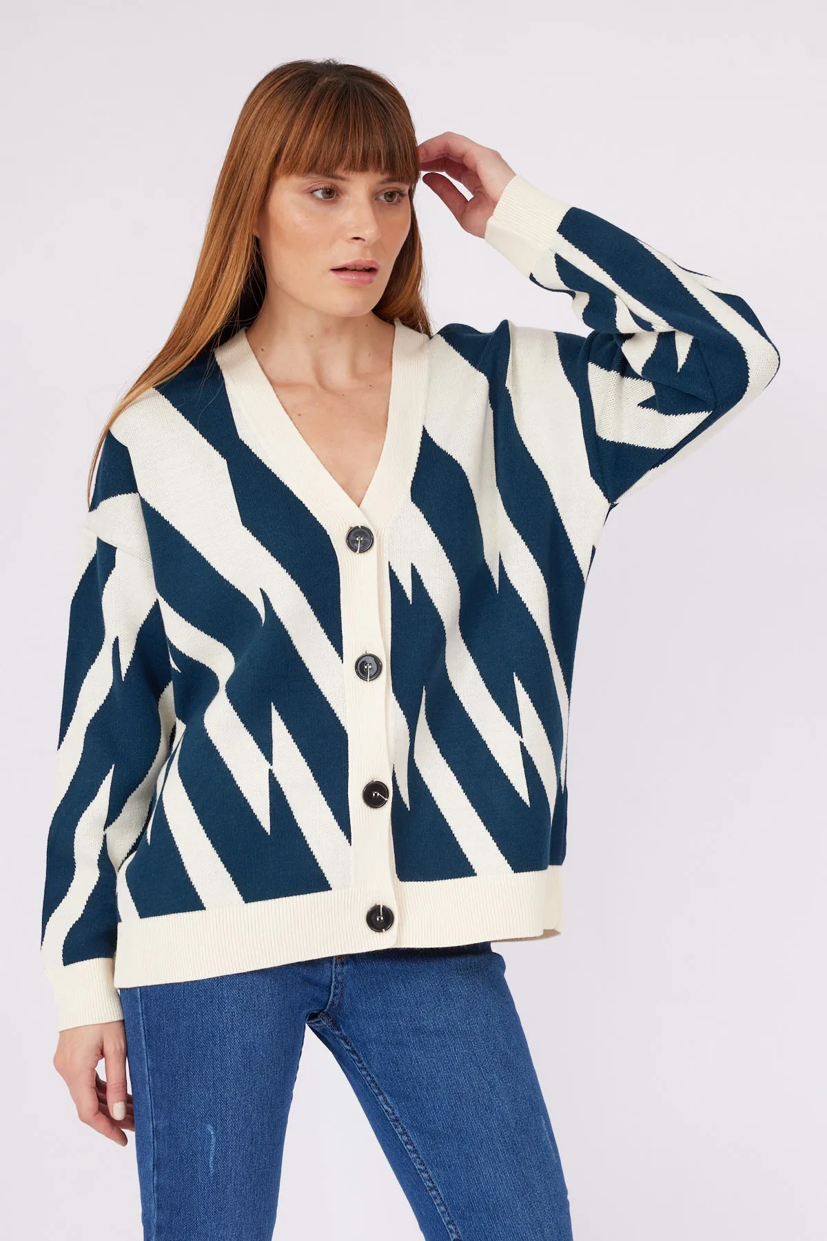 Geometric Pattern Cardigan Oil GREEN