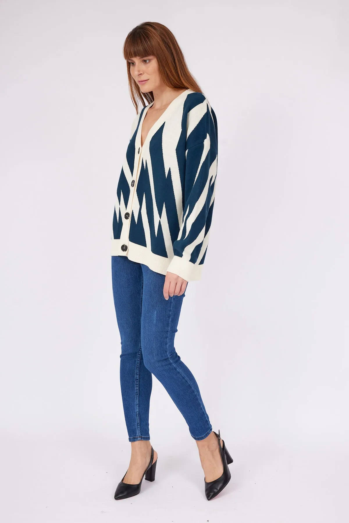 Geometric Pattern Cardigan Oil GREEN