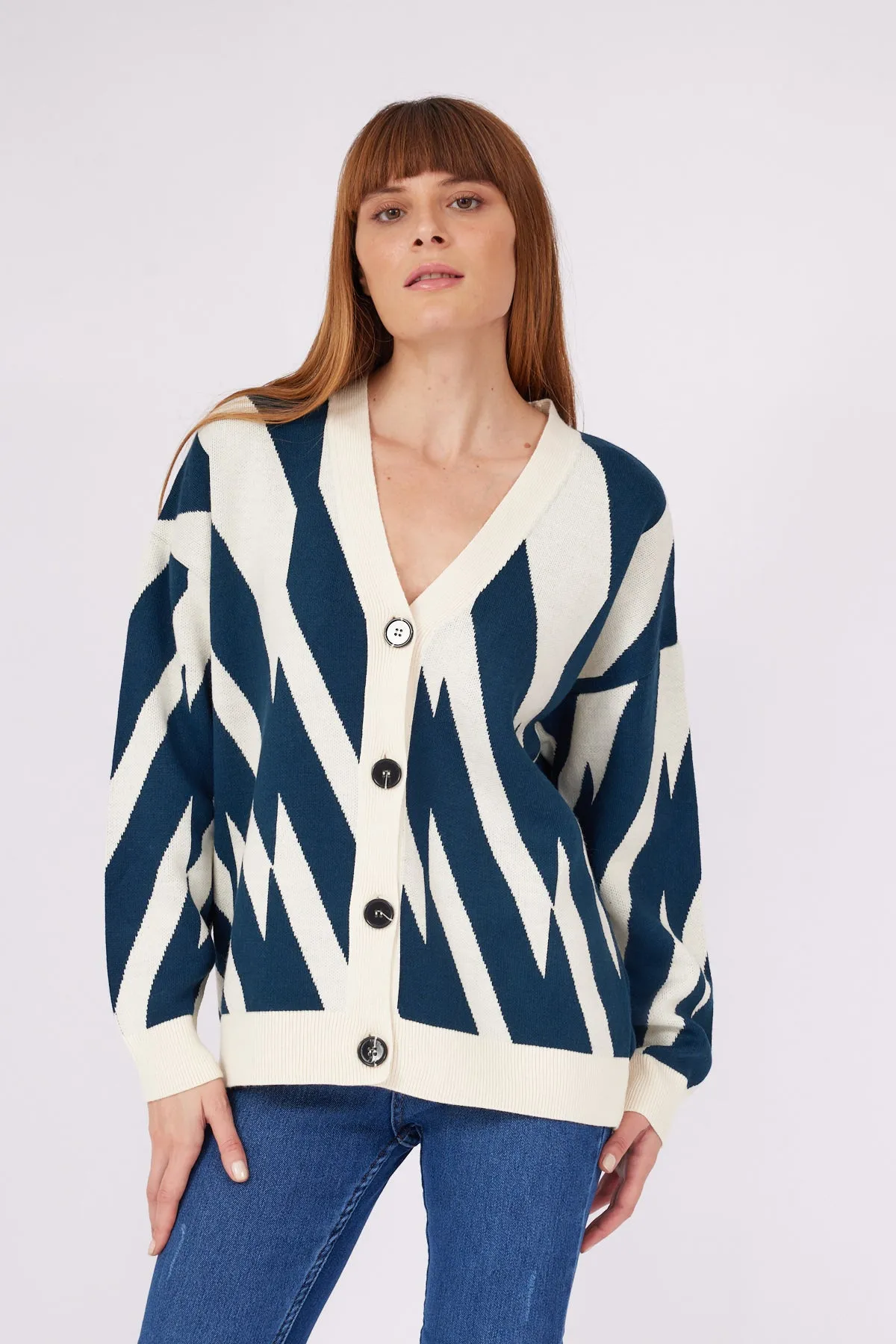 Geometric Pattern Cardigan Oil GREEN