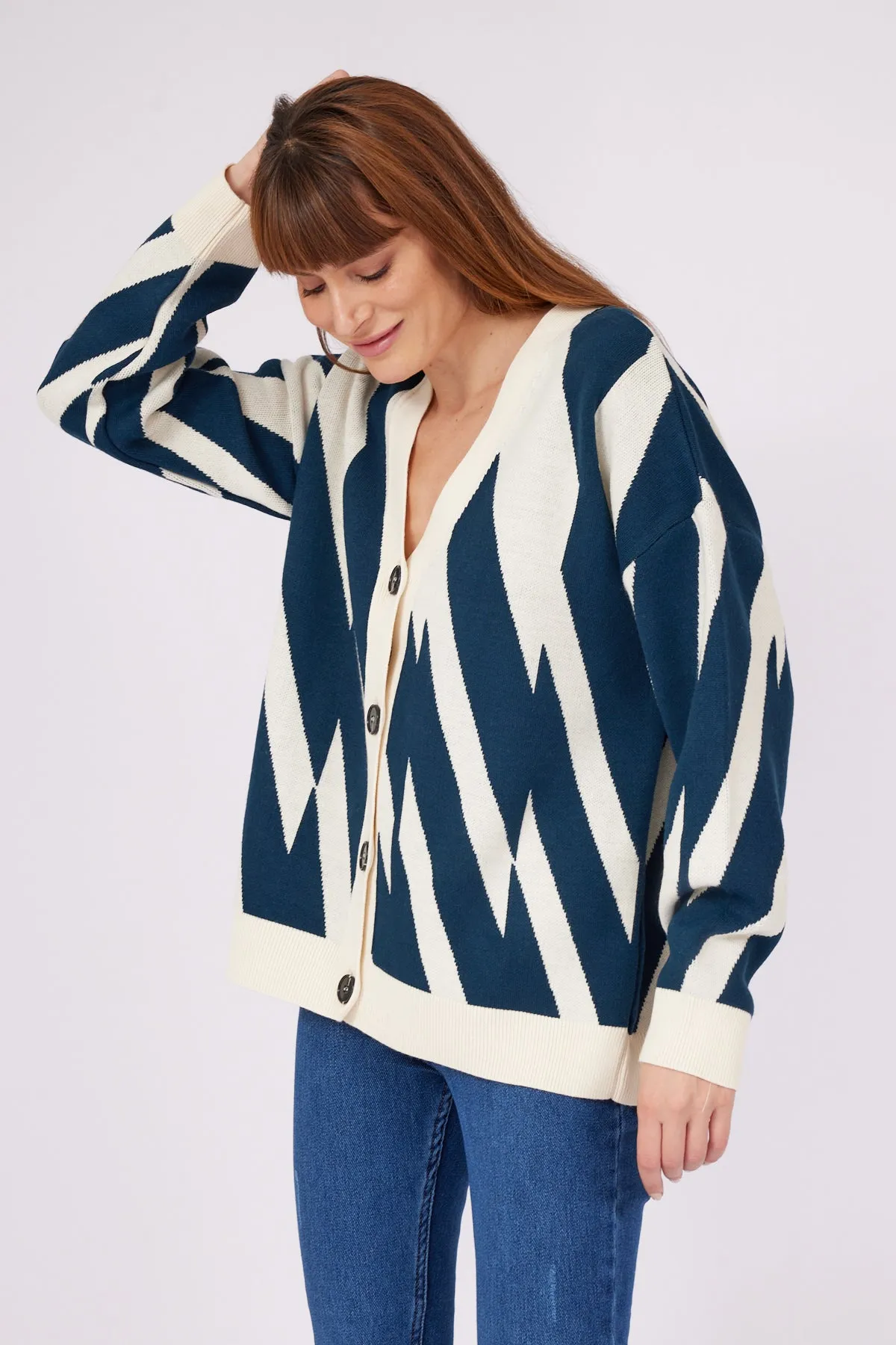 Geometric Pattern Cardigan Oil GREEN