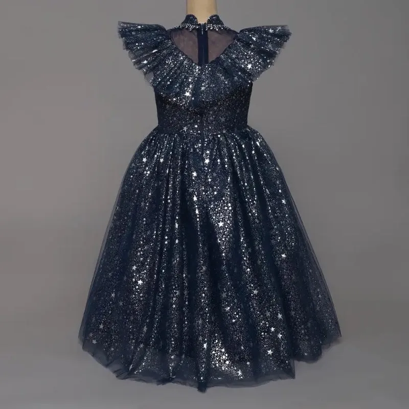 Girls Party Wear Shiny Stars Embellished Princess Dress
