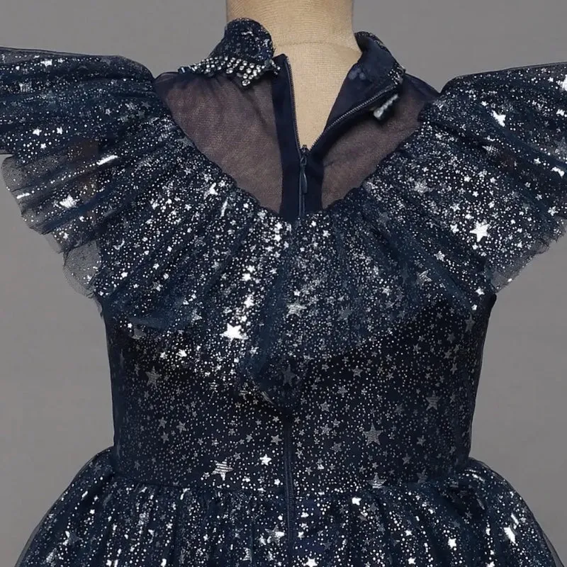 Girls Party Wear Shiny Stars Embellished Princess Dress