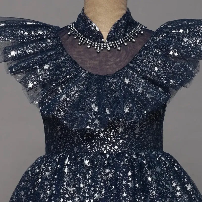 Girls Party Wear Shiny Stars Embellished Princess Dress