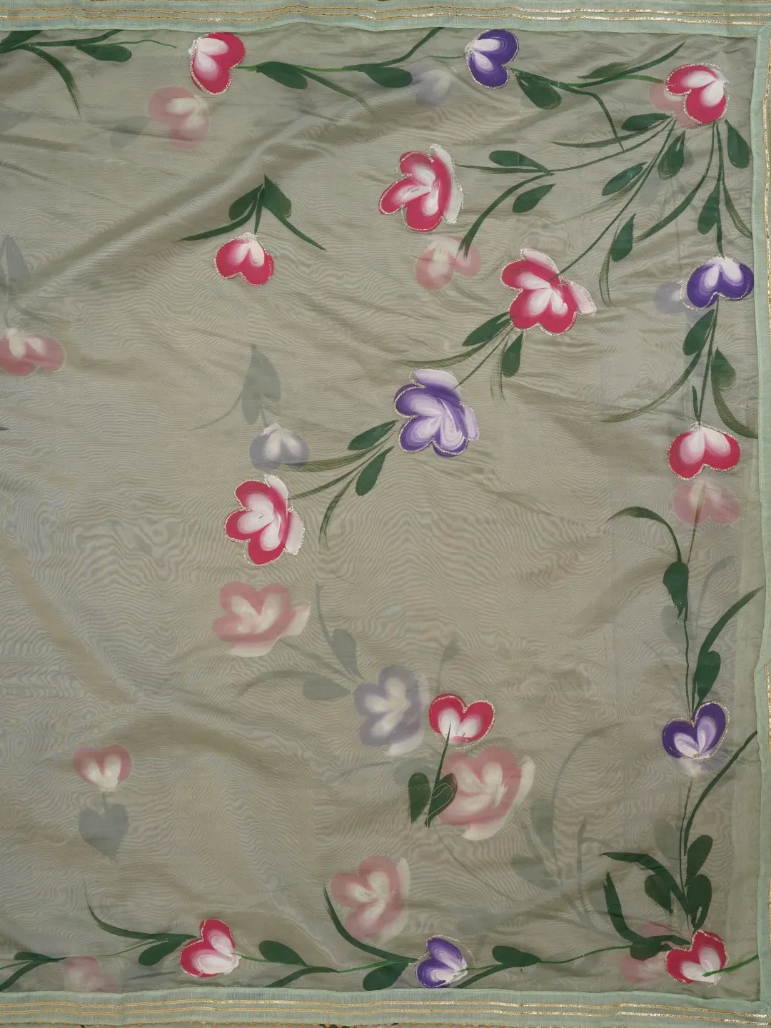 Green Handpainted Embroidered Dress Material with Dupatta