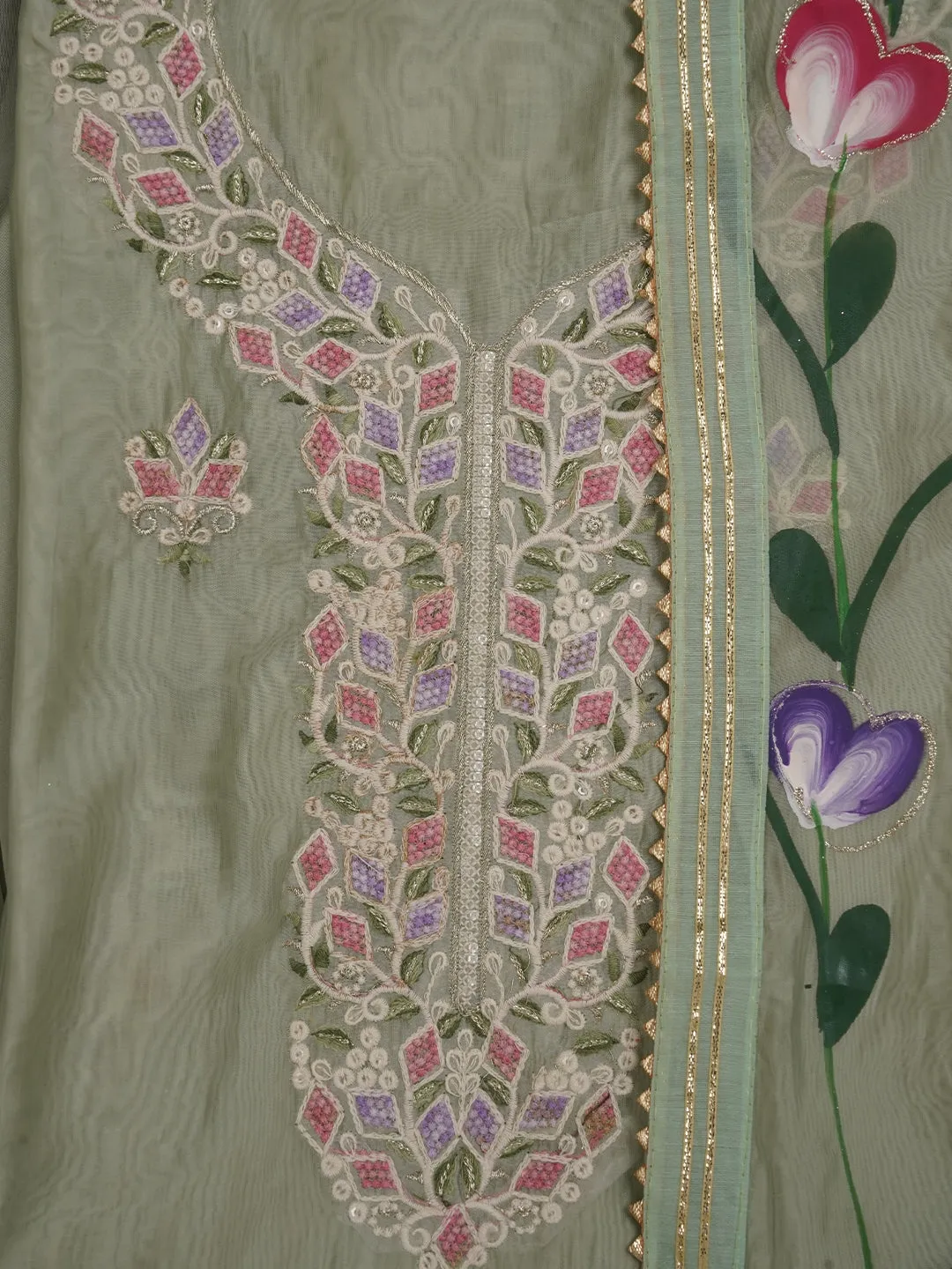 Green Handpainted Embroidered Dress Material with Dupatta