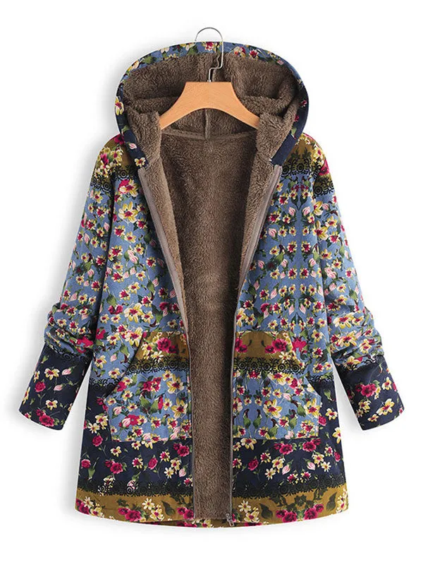 Hooded Floral Fleece Lined Jacket
