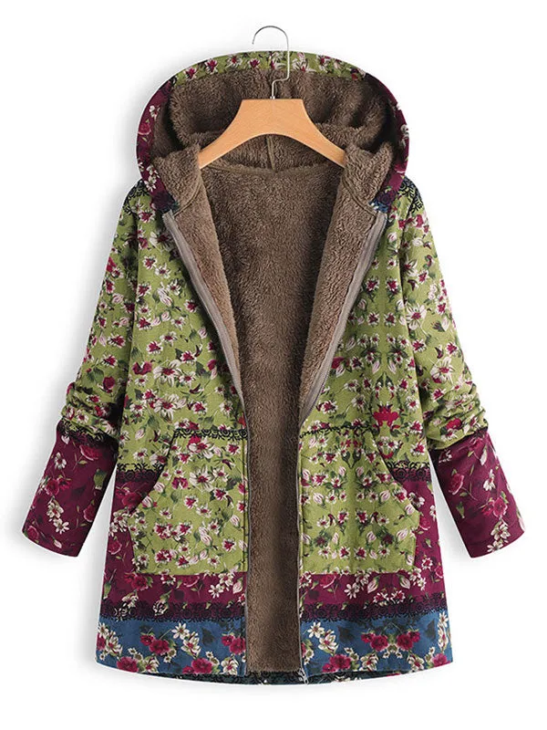 Hooded Floral Fleece Lined Jacket