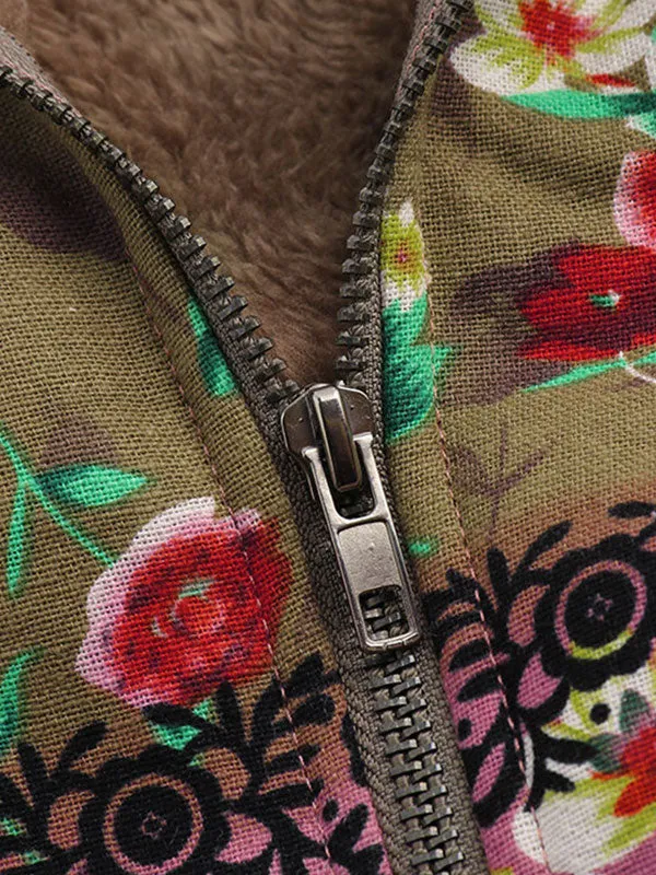 Hooded Floral Fleece Lined Jacket