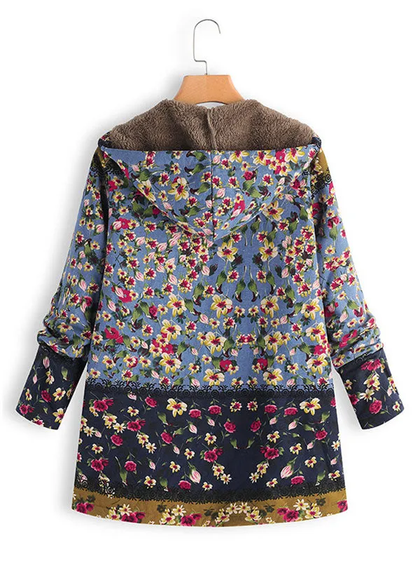 Hooded Floral Fleece Lined Jacket
