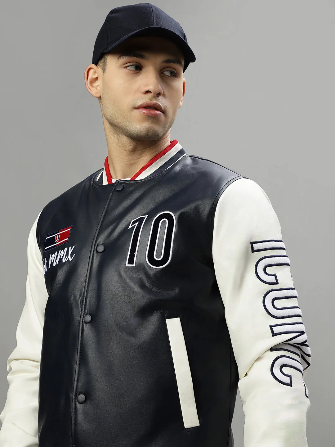 Iconic Men Blue Colourblocked Stand Collar Long Sleeves Varsity Jacket