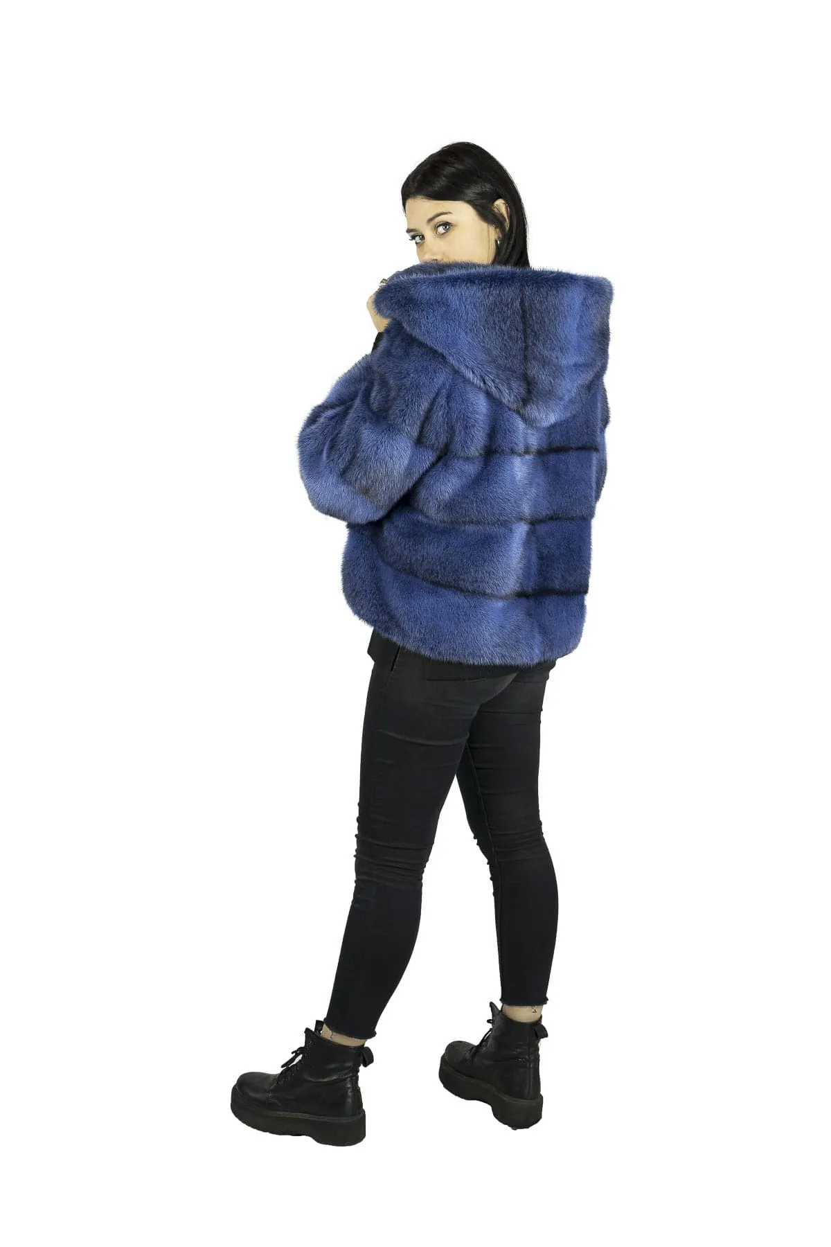 Jacket in mink Bluette Black Cross with Hood